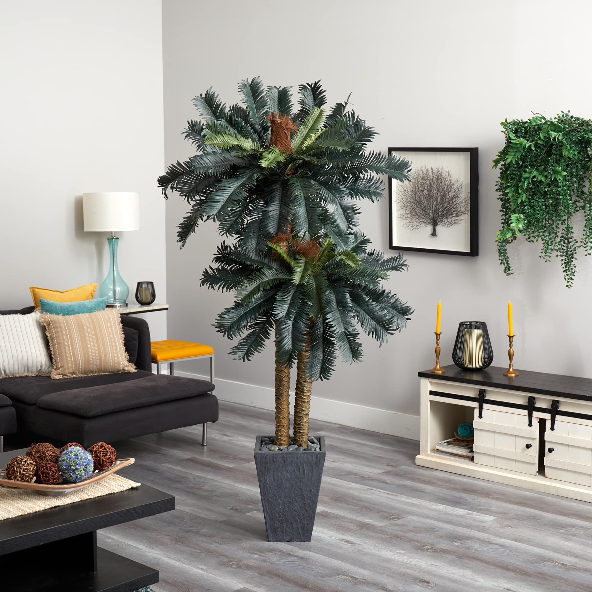 6ft. Double Sago Palm Artificial Tree in Slate Finished Planter