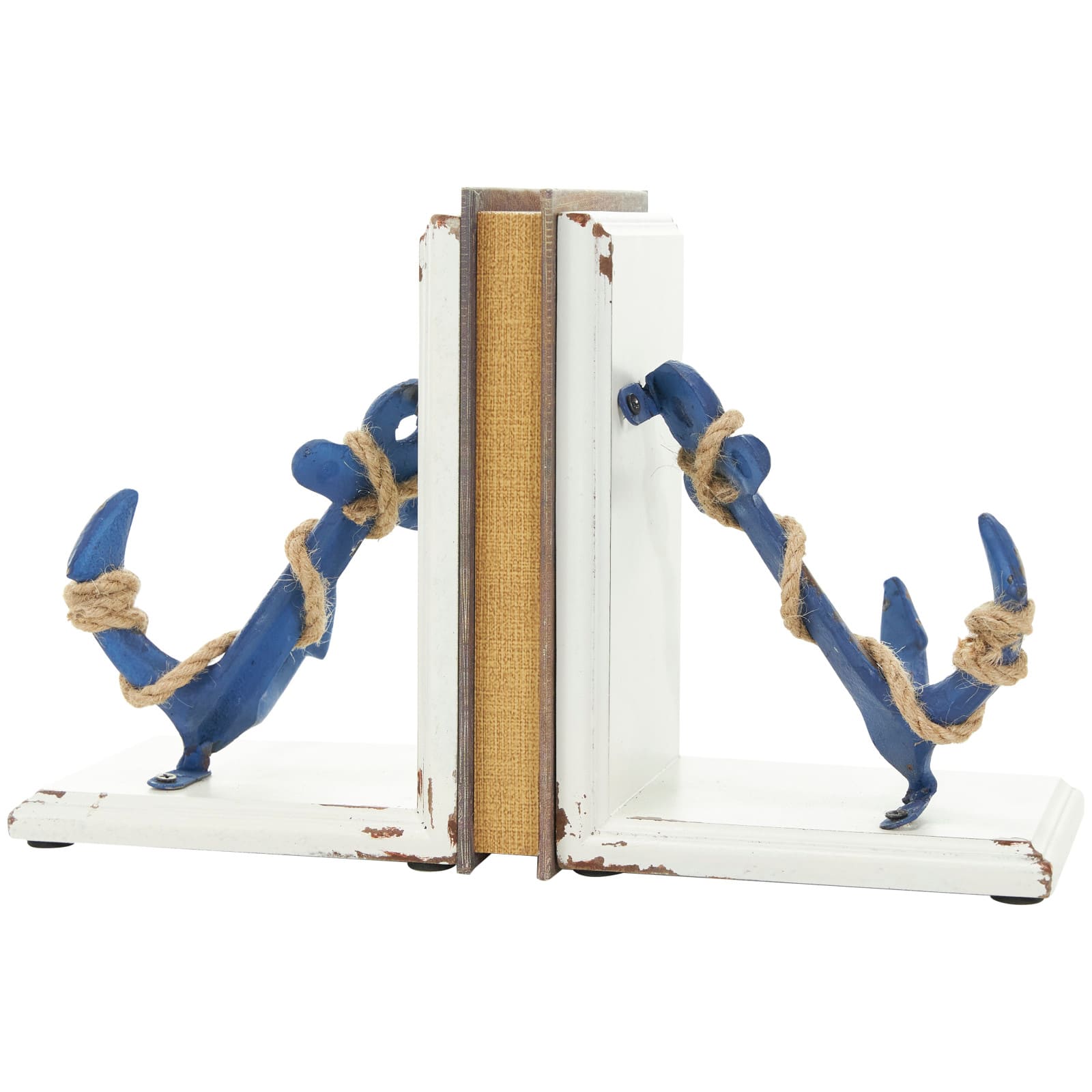 8&#x22; Blue Wood Anchor Distressed Bookends with Rope Accents &#x26; White Wood Stands Set