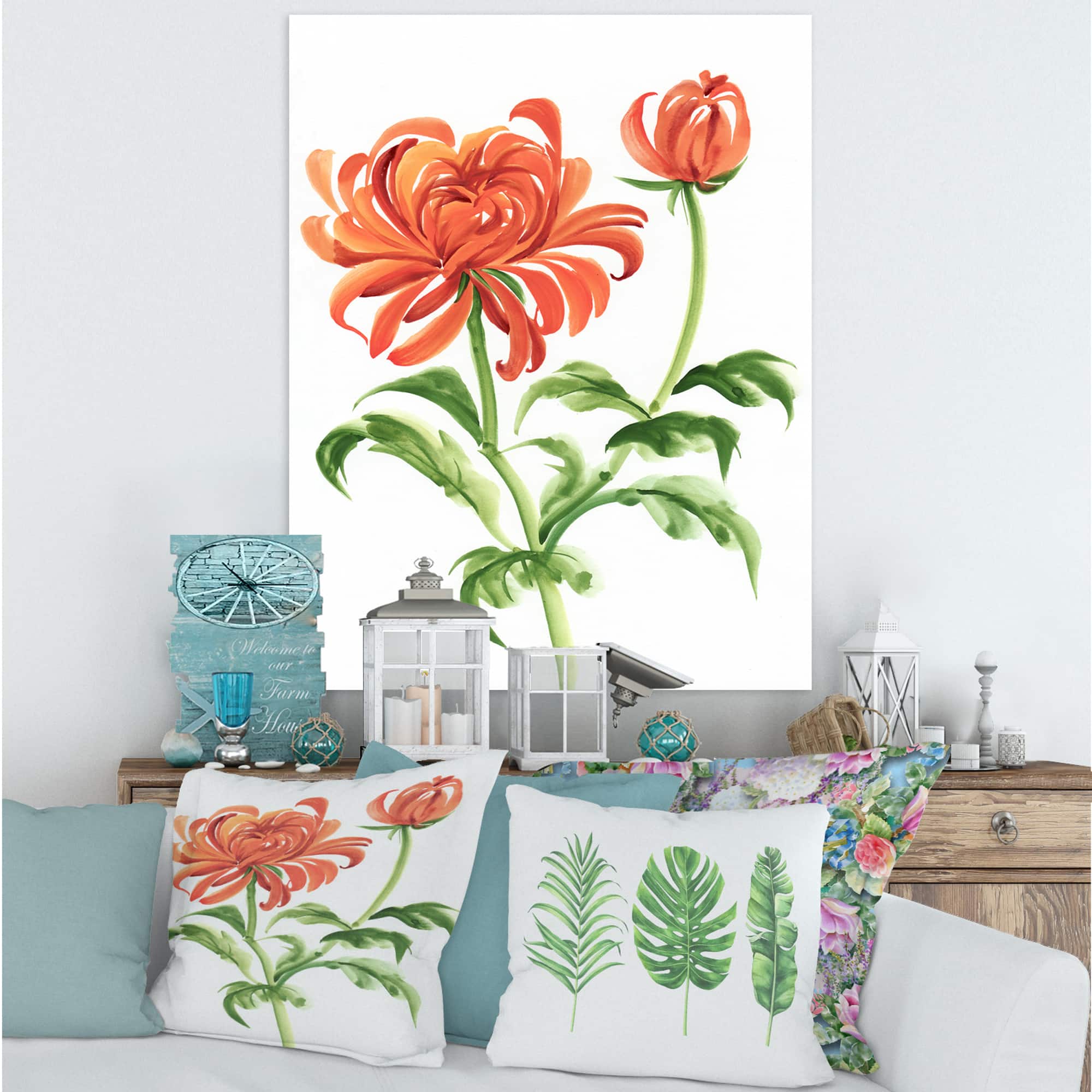 Designart - Vintage Orange Chrysanthemum Flower - Traditional Canvas Wall Art Print
