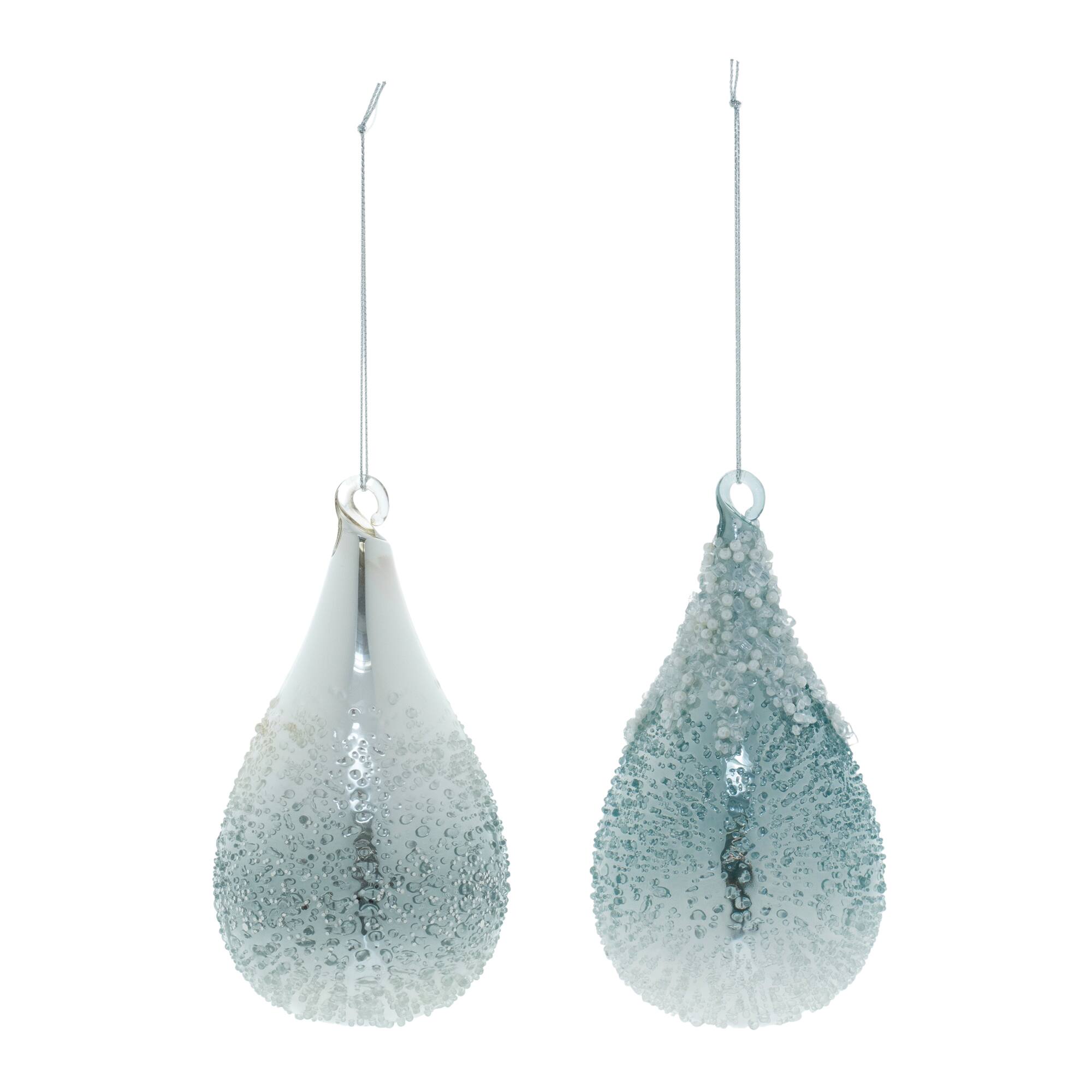 6" Seafoam Beaded Glass Teardrop Ornaments Set