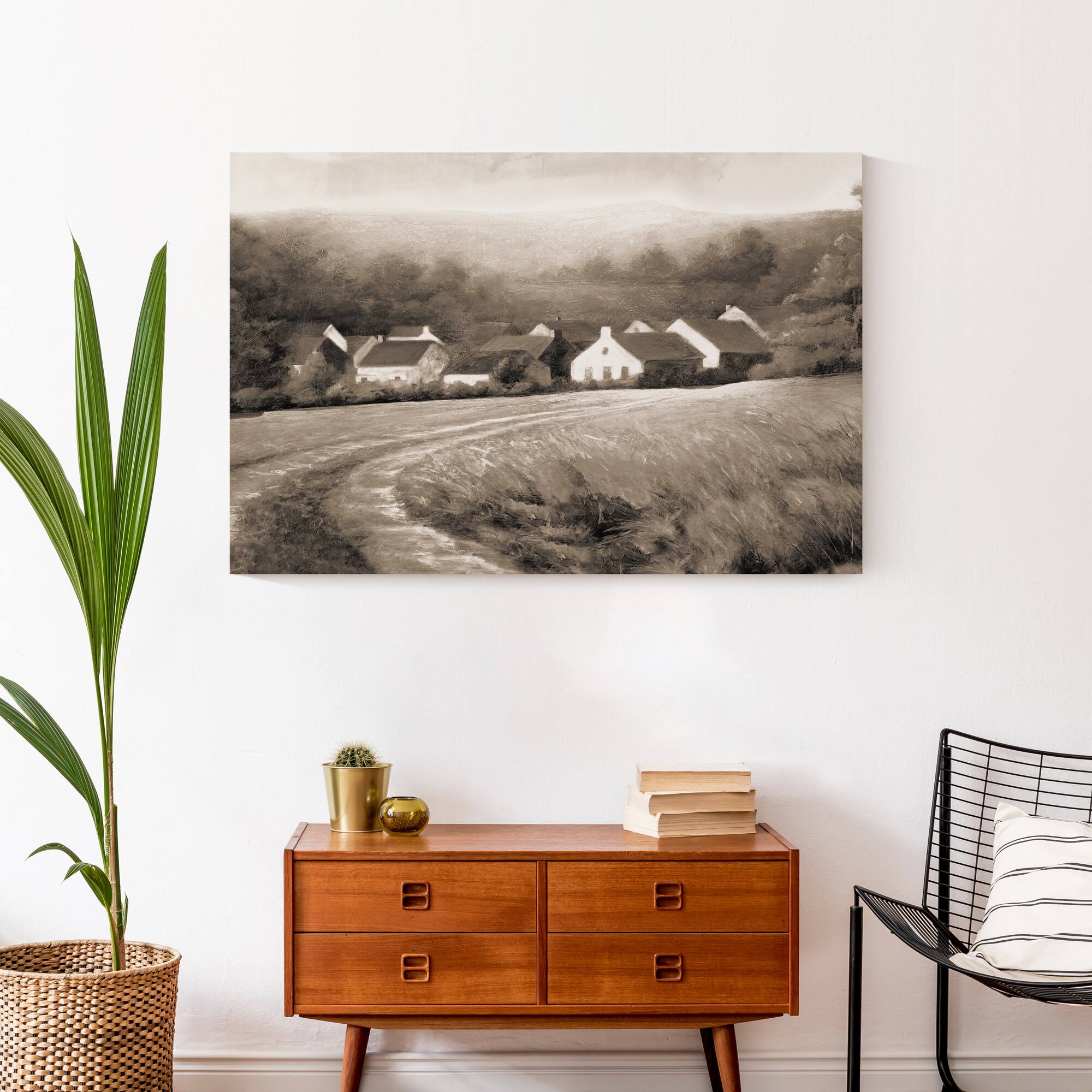 Sepia Town And Field 36" x 24" Canvas Wall Art
