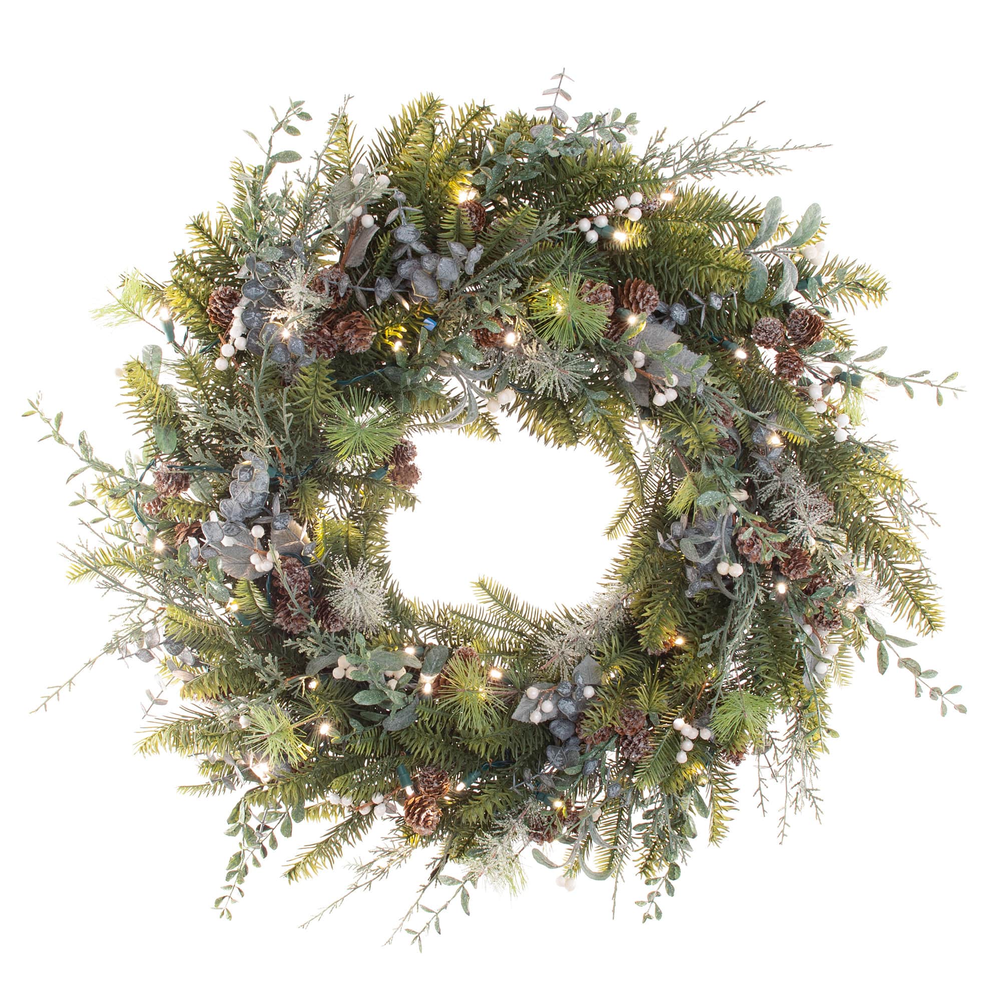 Village Lighting 30&#x22; Pre-Lit Rustic White Berry Christmas Wreath, Clear LED Lights