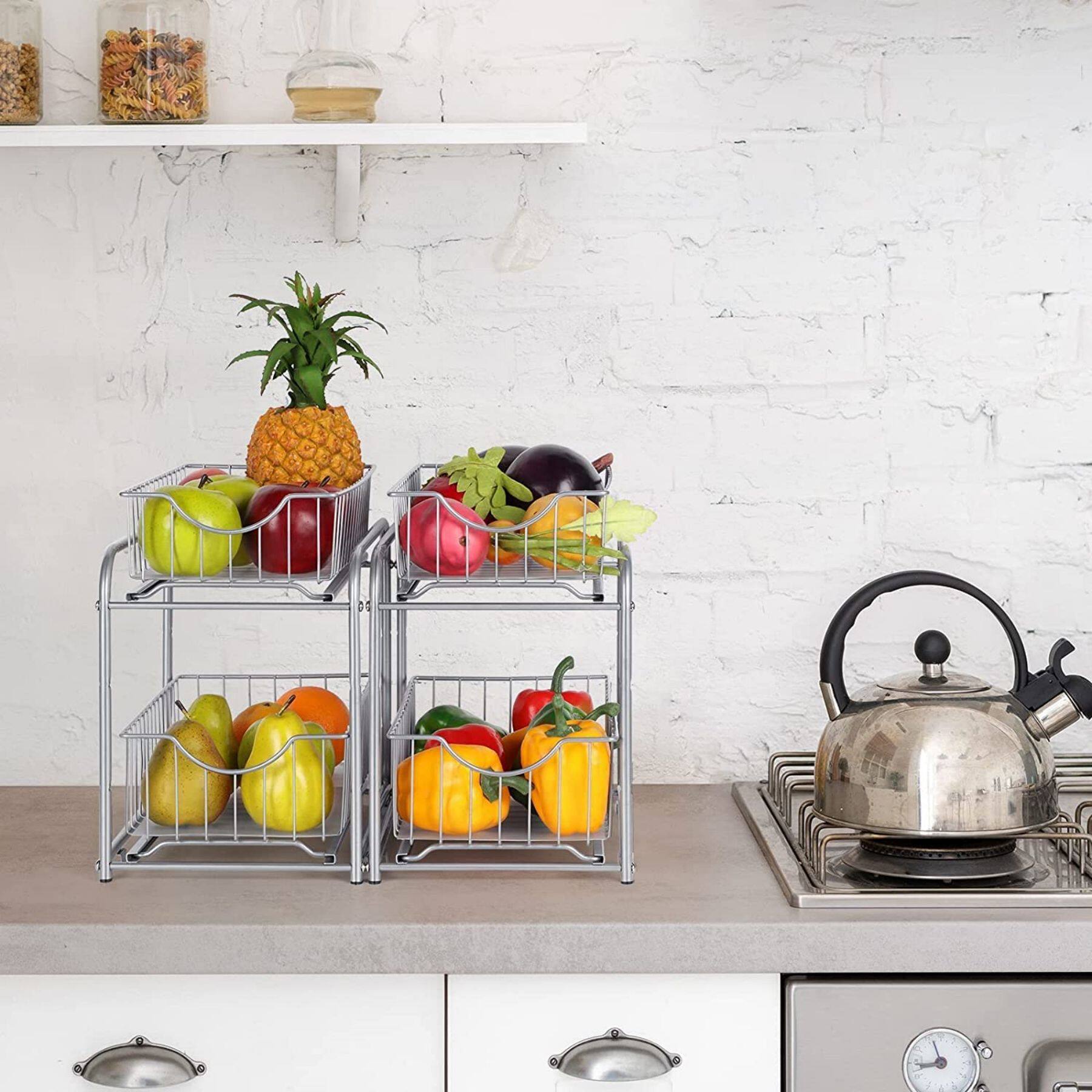 NEX™ Silver Stackable 2-Tier Cabinet Organizer with Sliding Drawer Set