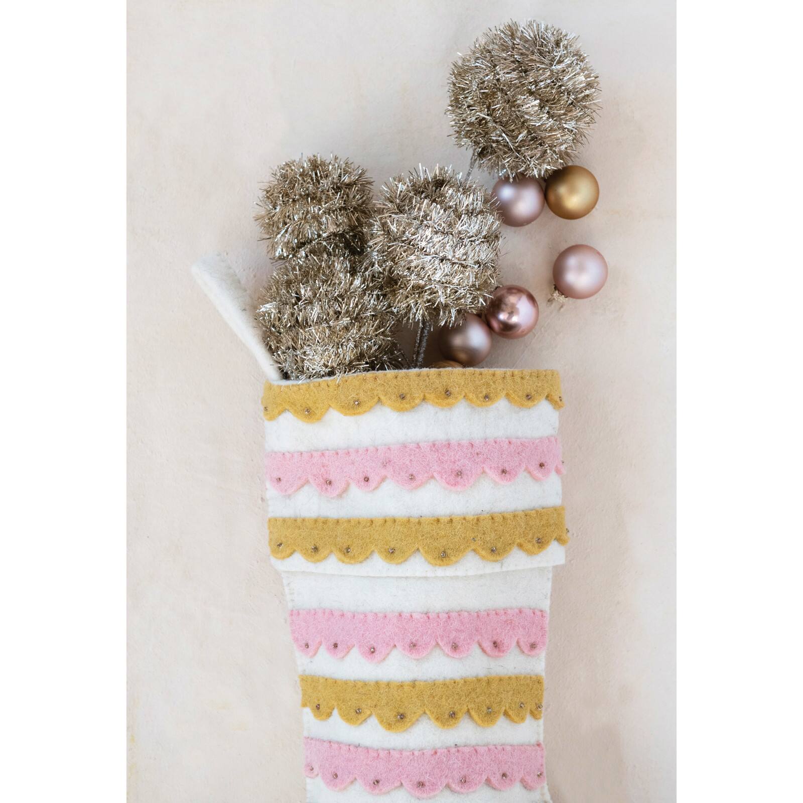 Hello Honey&#xAE; 19&#x22; Pink, Cream &#x26; Mustard Wool Felt Stocking with Appliqued Scallops &#x26; Beads