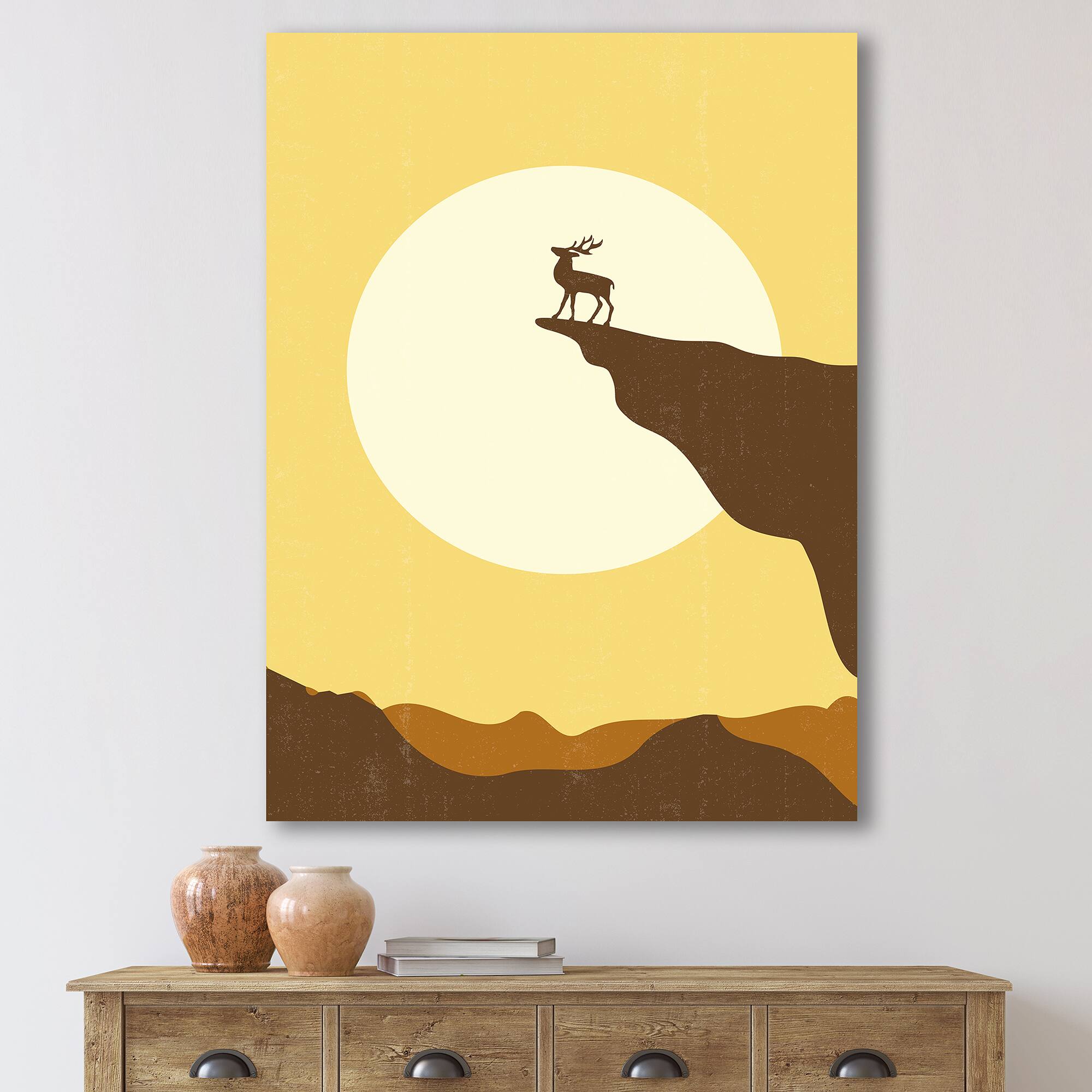 Designart - Minimalistic Deer At Sunset On Mountain Top Sunset - Lake House Canvas Wall Art Print