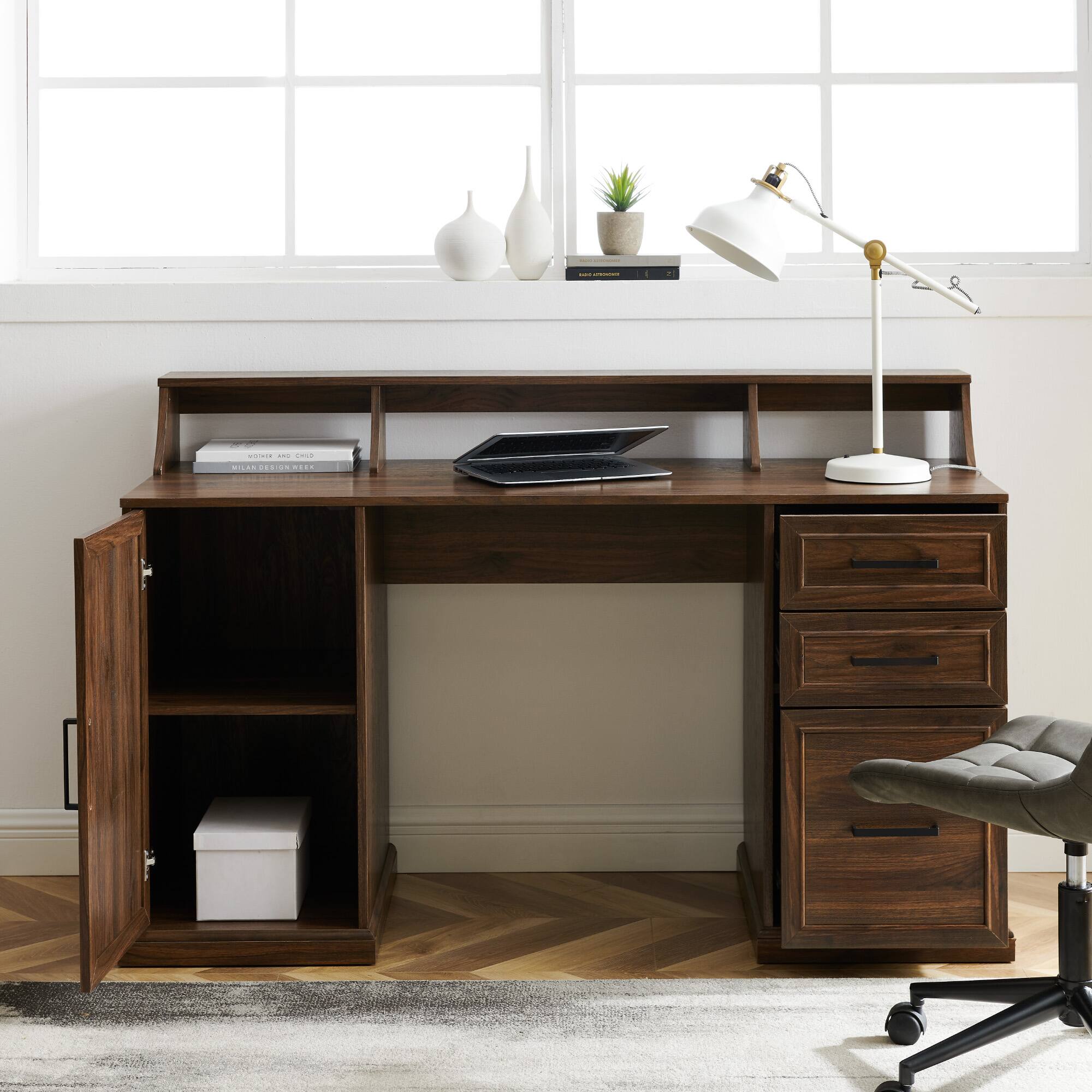 Walker Edison 58" Dark Walnut 3 Drawer Computer Desk with Hutch