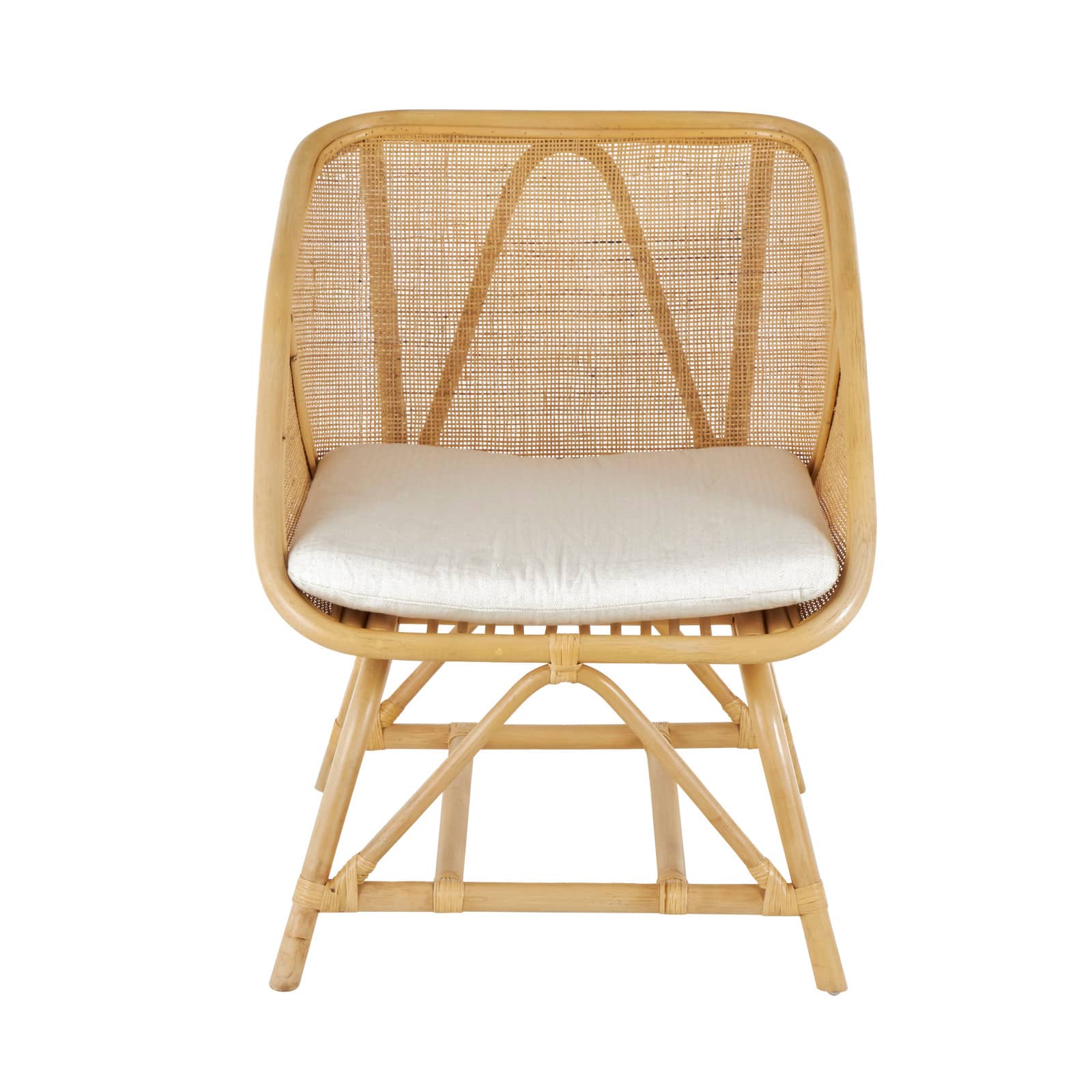 32" x 26" x 24" Light Brown Rattan Woven Squared Accent Chair with White Fabric Cushion