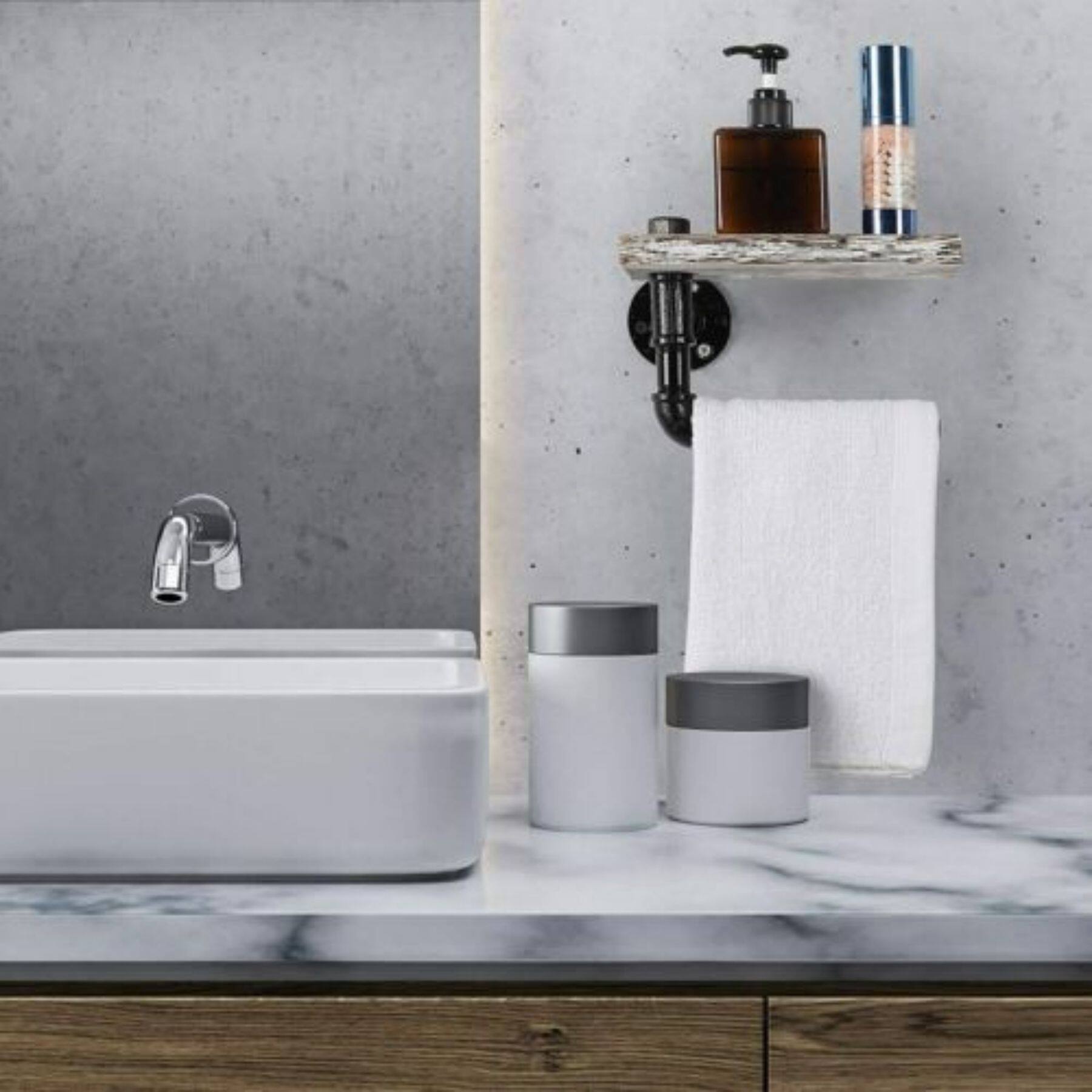 Black Industrial Wall-Mounted Rustic Toilet Paper Holder with Wood Shelf