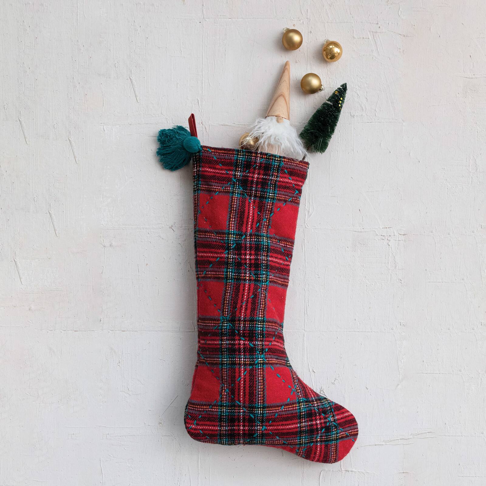 Hello Honey&#xAE; 20&#x22; Red &#x26; Green Plaid Brushed Cotton Flannel Quilted Stocking with Tassel