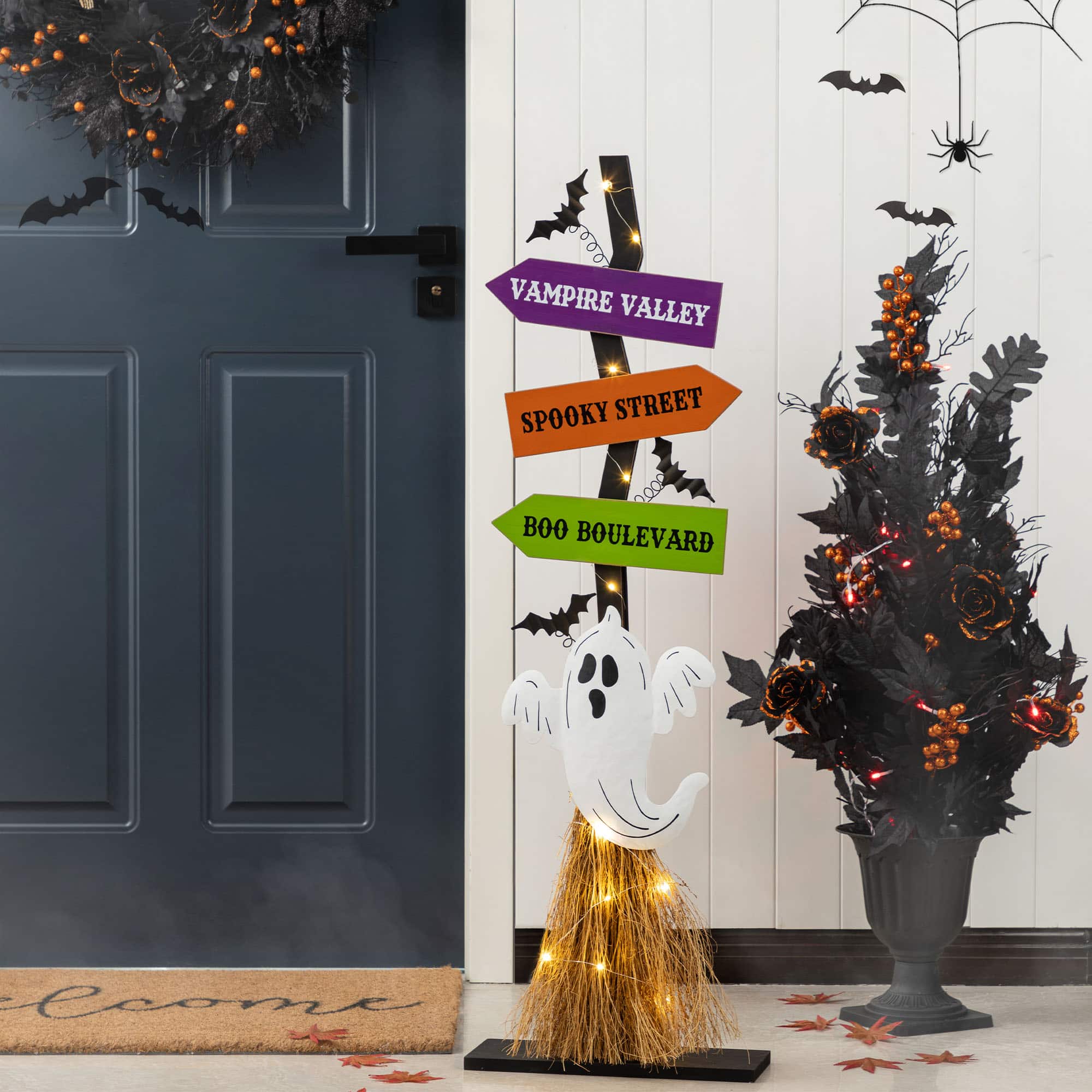 Glitzhome&#xAE; 41.75&#x22;H Lighted Halloween Wooden Ghost&#x27;s Broom Porch Decor