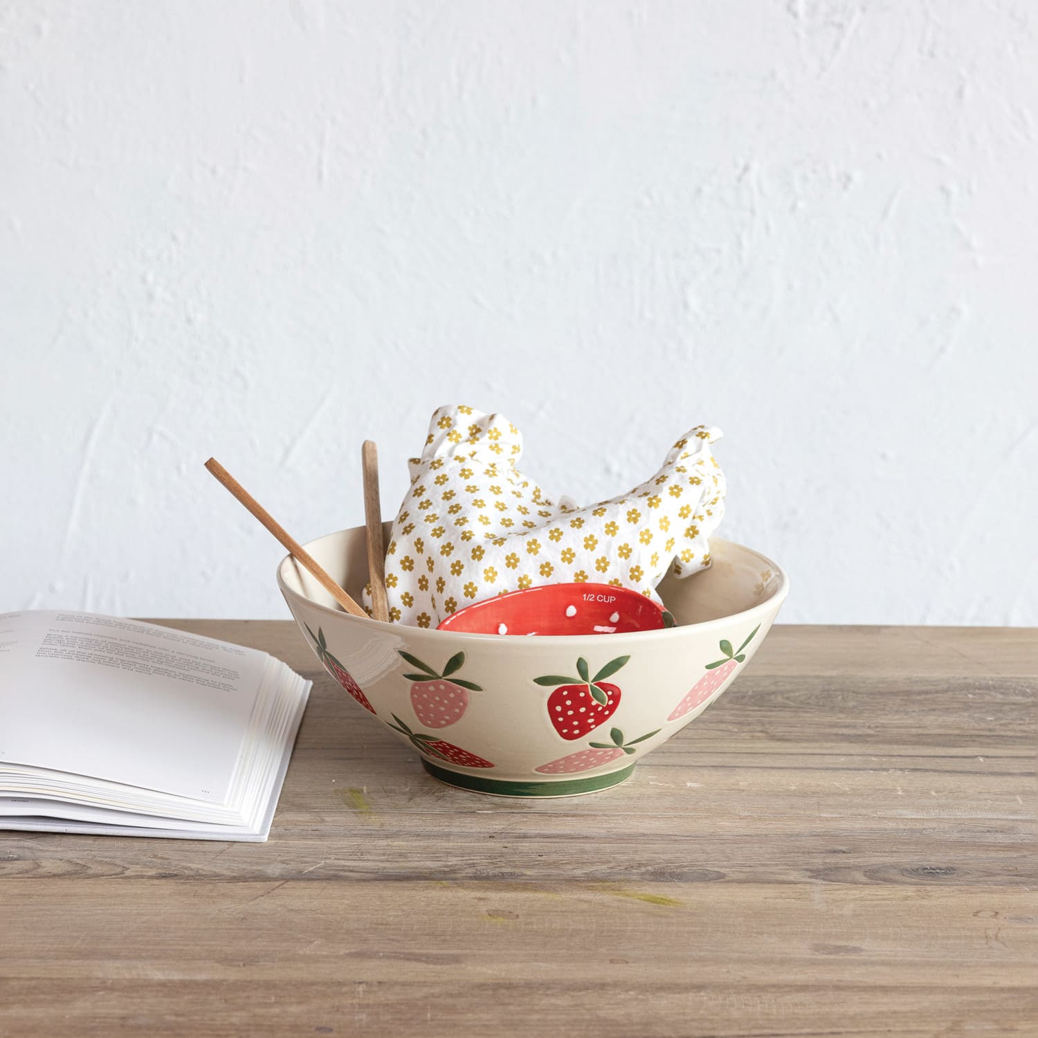Hello Honey® 10.5" Hand-Painted Wax Relief Strawberries Stoneware Bowls, 4ct.