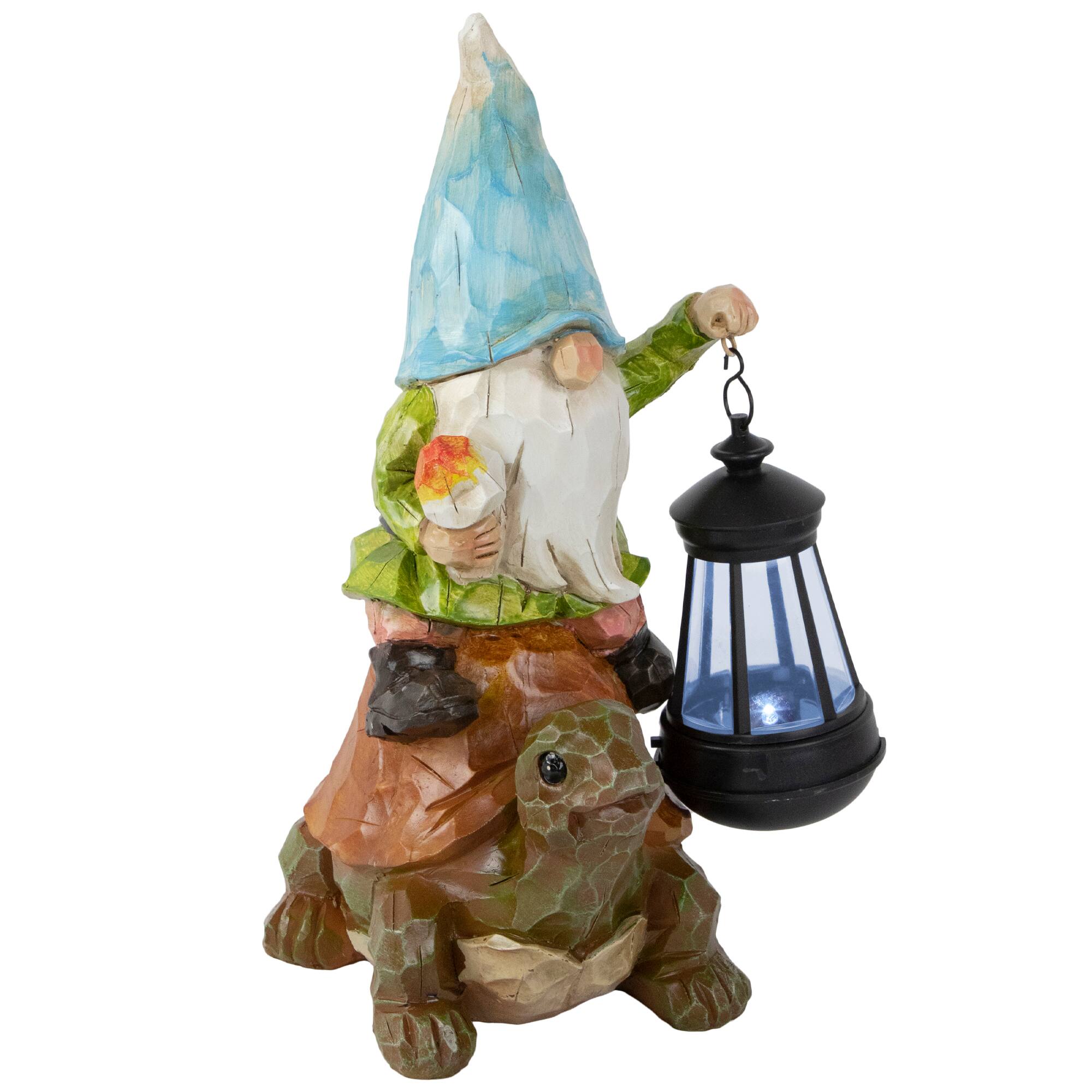 12.5&#x22; Solar LED-Lit Gnome &#x26; Turtle Outdoor Garden Statue