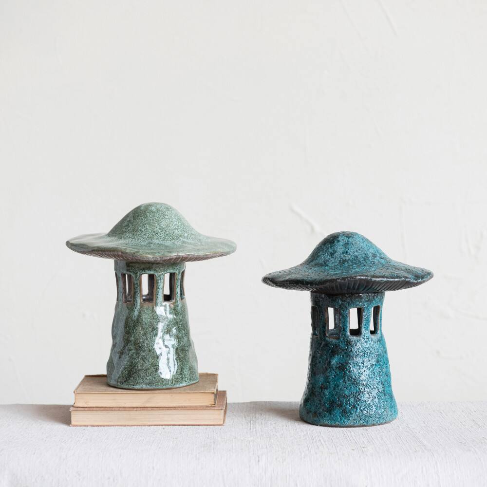Hello Honey® 9" Stoneware Mushroom Lantern with Lid Set, 2ct.