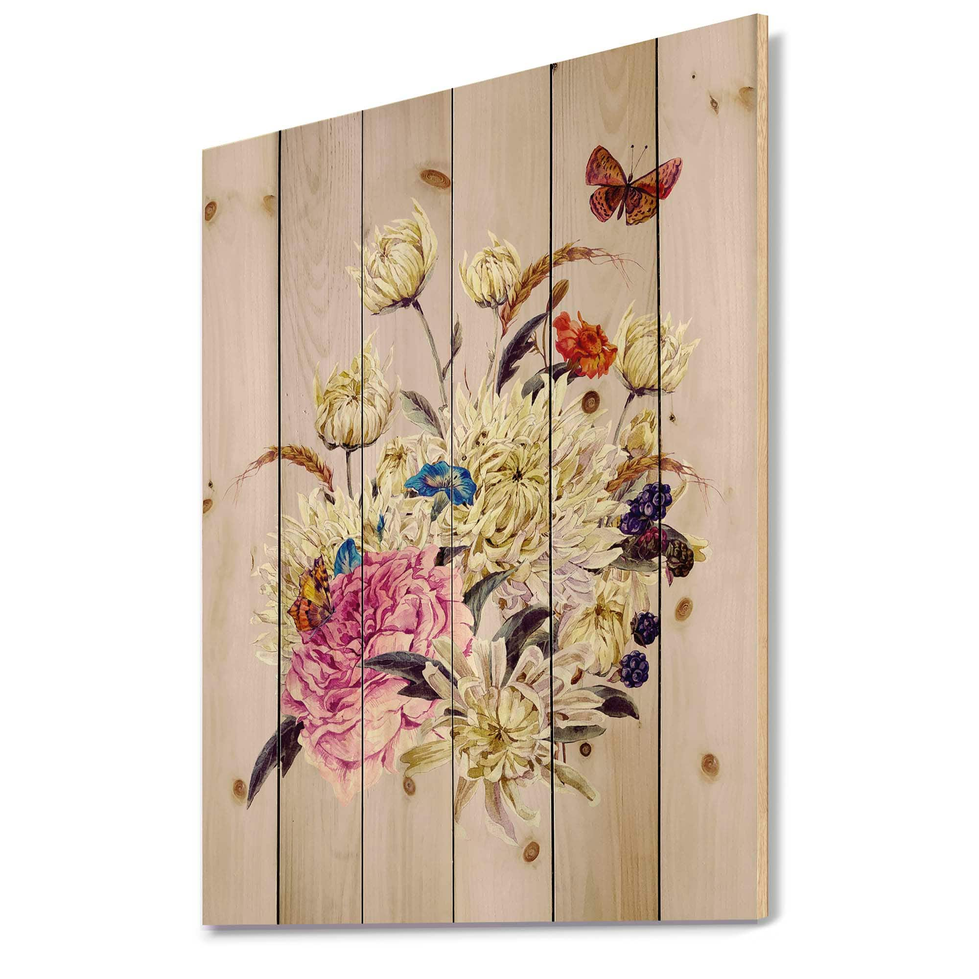 Designart - Vintage Bouquet With Chrysanthemums I - Traditional Print on Natural Pine Wood