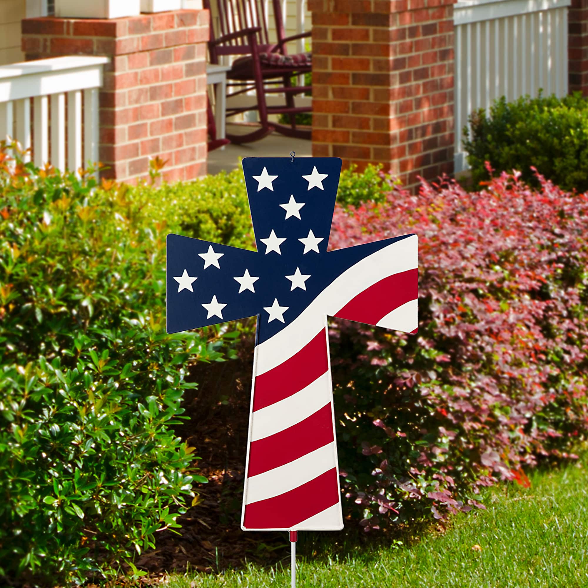Glitzhome&#xAE; 32&#x22; Patriotic Americana Double-Sided Metal Cross Yard Stake