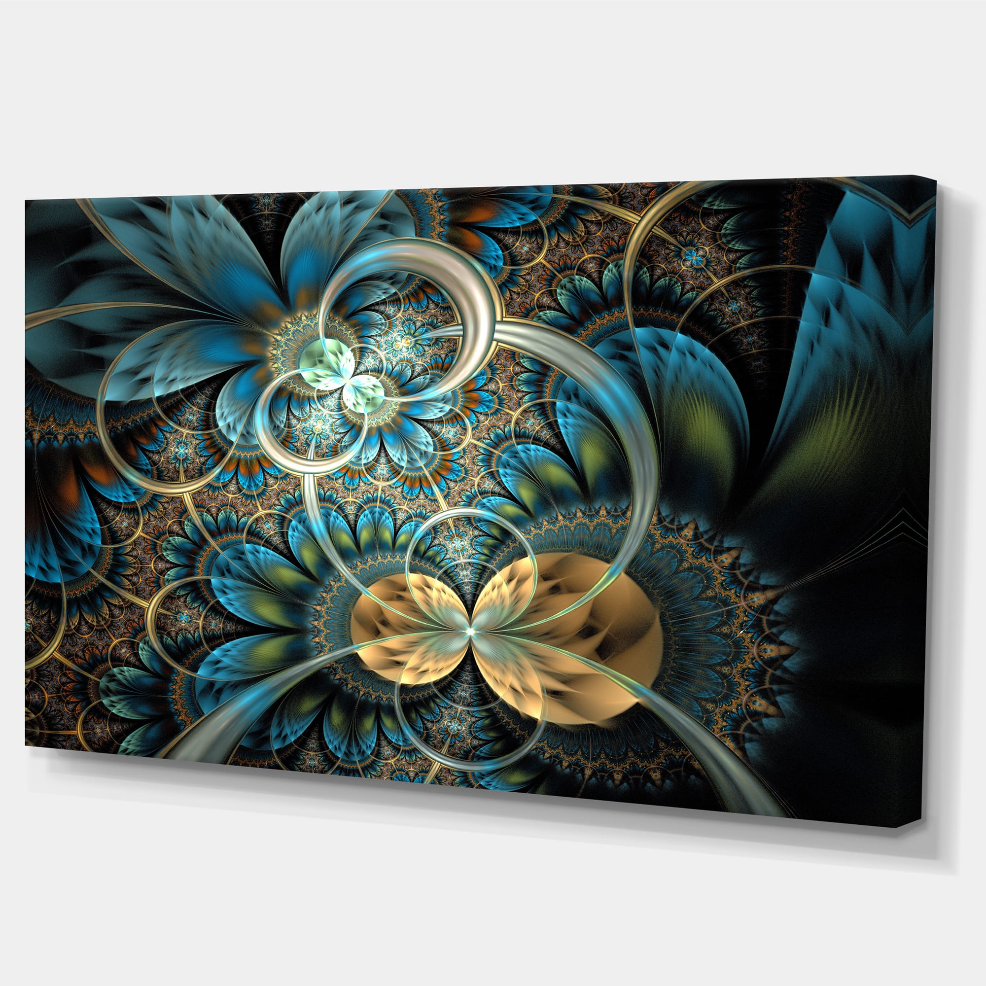 Designart - Symmetrical Blue Gold Fractal Flower - Abstract Print On Canvas