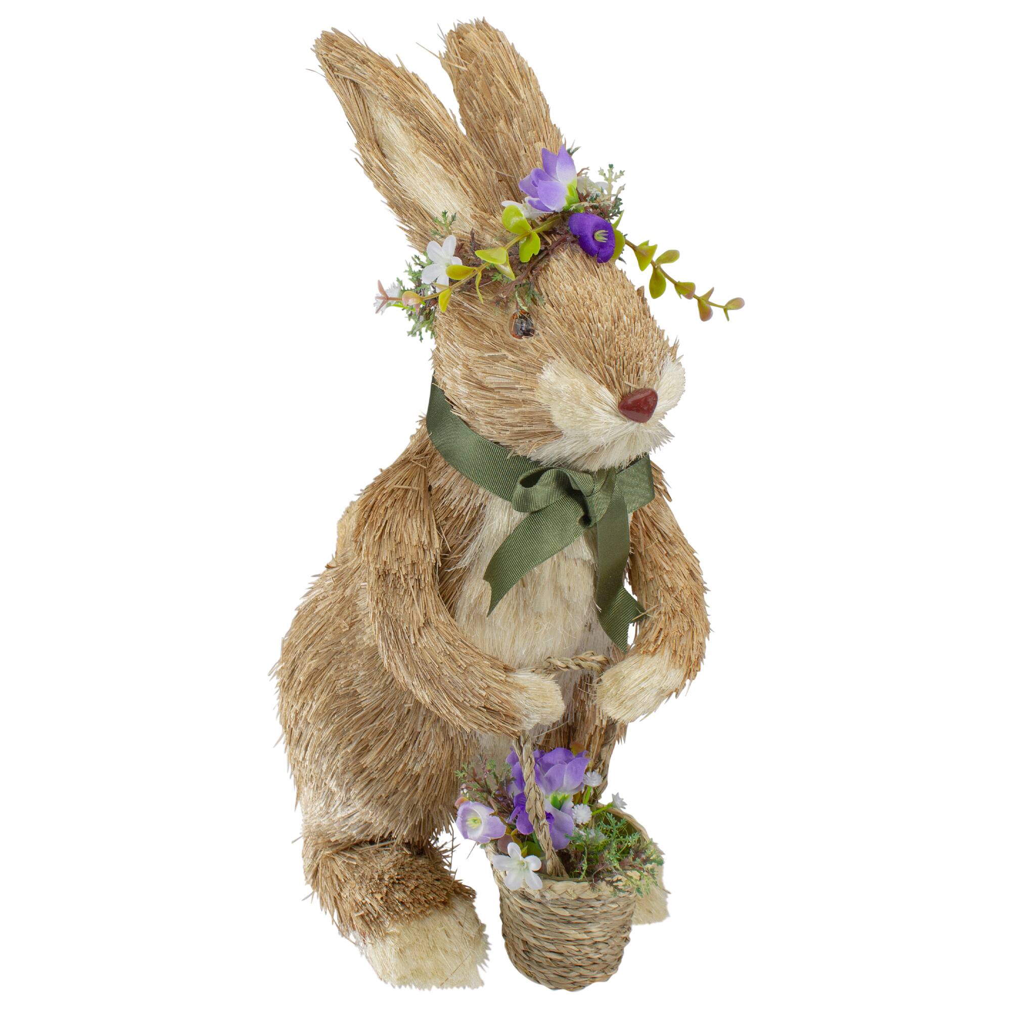 15" Brown Sisal Bunny Rabbit with Basket Easter Figure