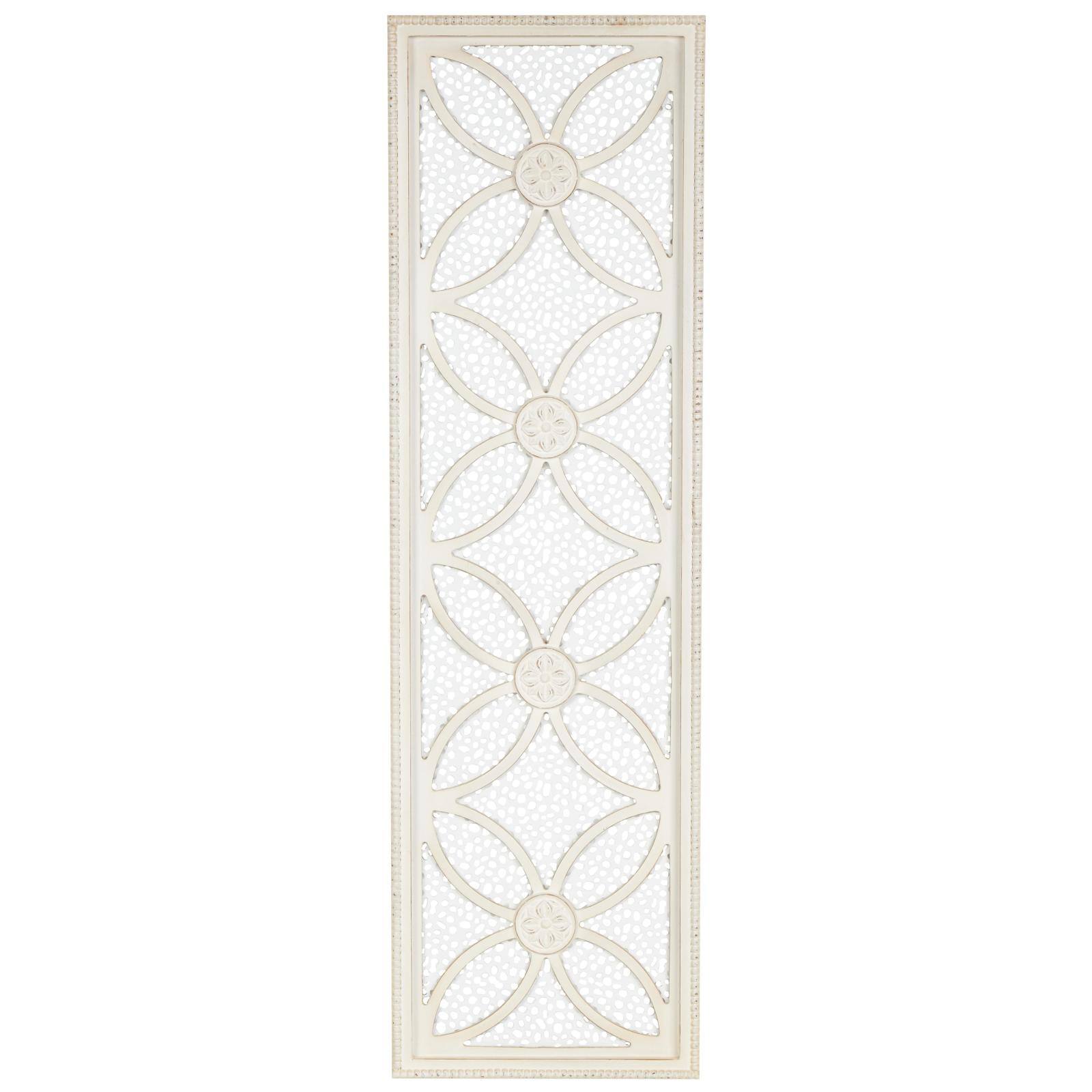 White wooden floral panel wall decor with cutout metal backing and beaded frame.