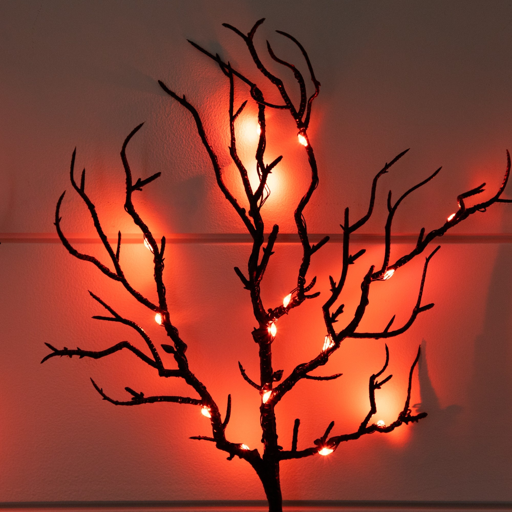 14in. Pre-Lit Artificial Halloween Black Twig Branches with 45 Orange LED Lights and Integrated Ground Stake - Set of 3