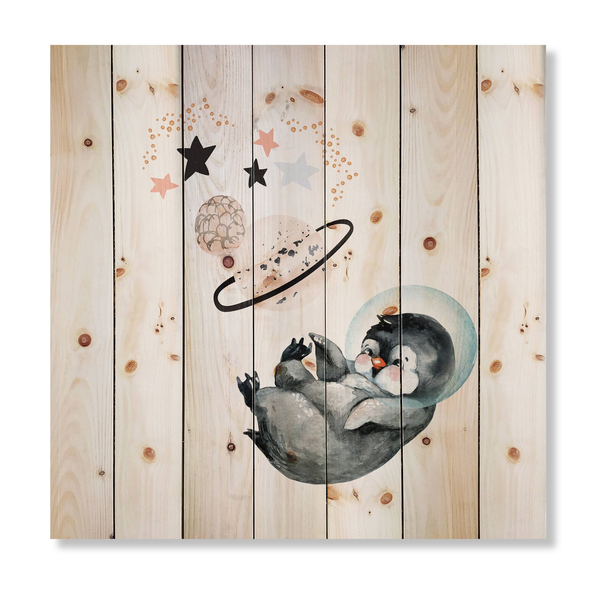 Designart - Little Penguin With Stars and Planets I - Farmhouse Print on Natural Pine Wood