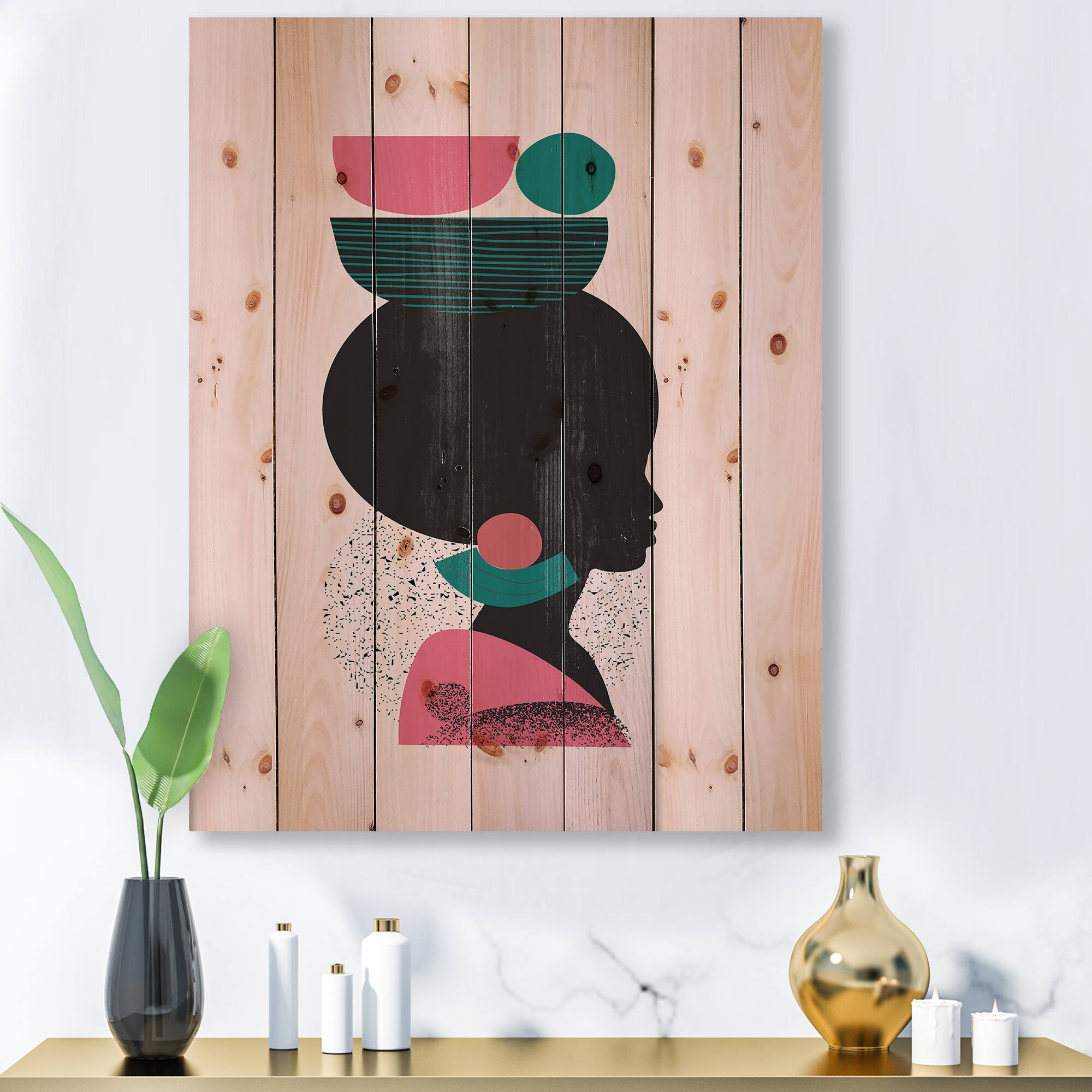 Designart - Ethnic Geometric Silhouette of Afro American II - Modern Print on Natural Pine Wood