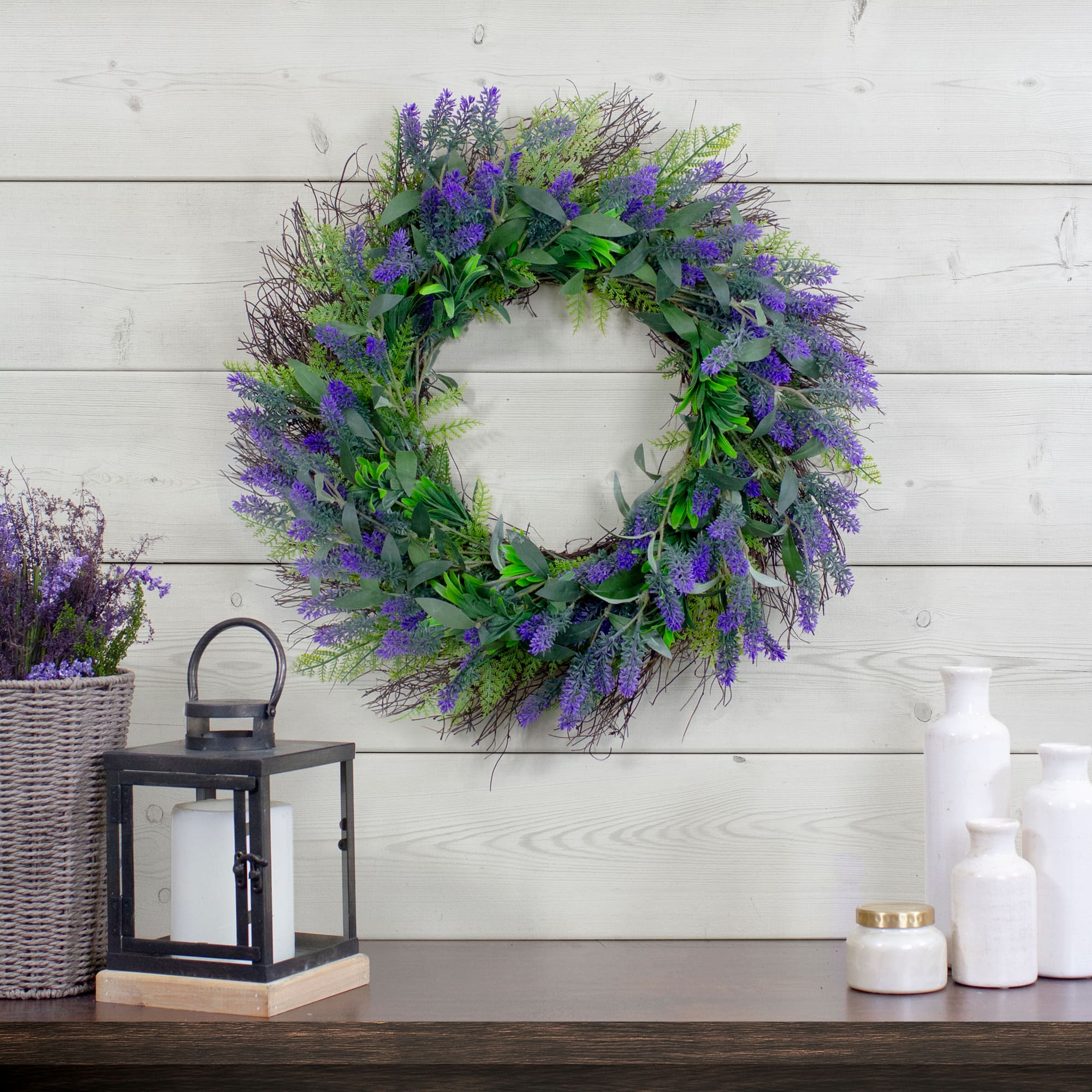 24&#x22; Purple Lavender &#x26; Spring Foliage Artificial Floral Wreath