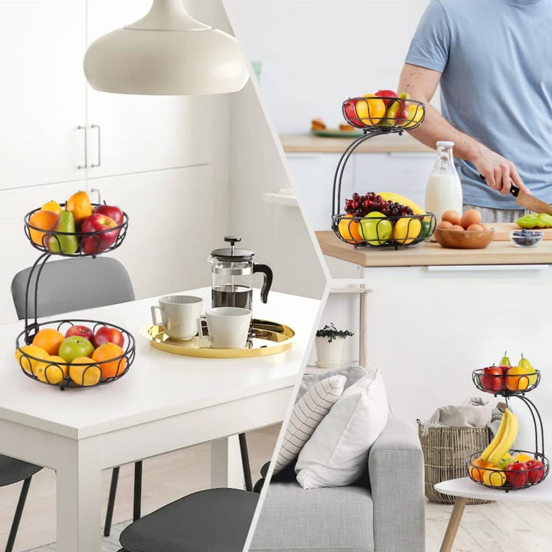 NEX™ 15" Black 2 Tier Fruit Basket Storage Holder with Banana Hanger