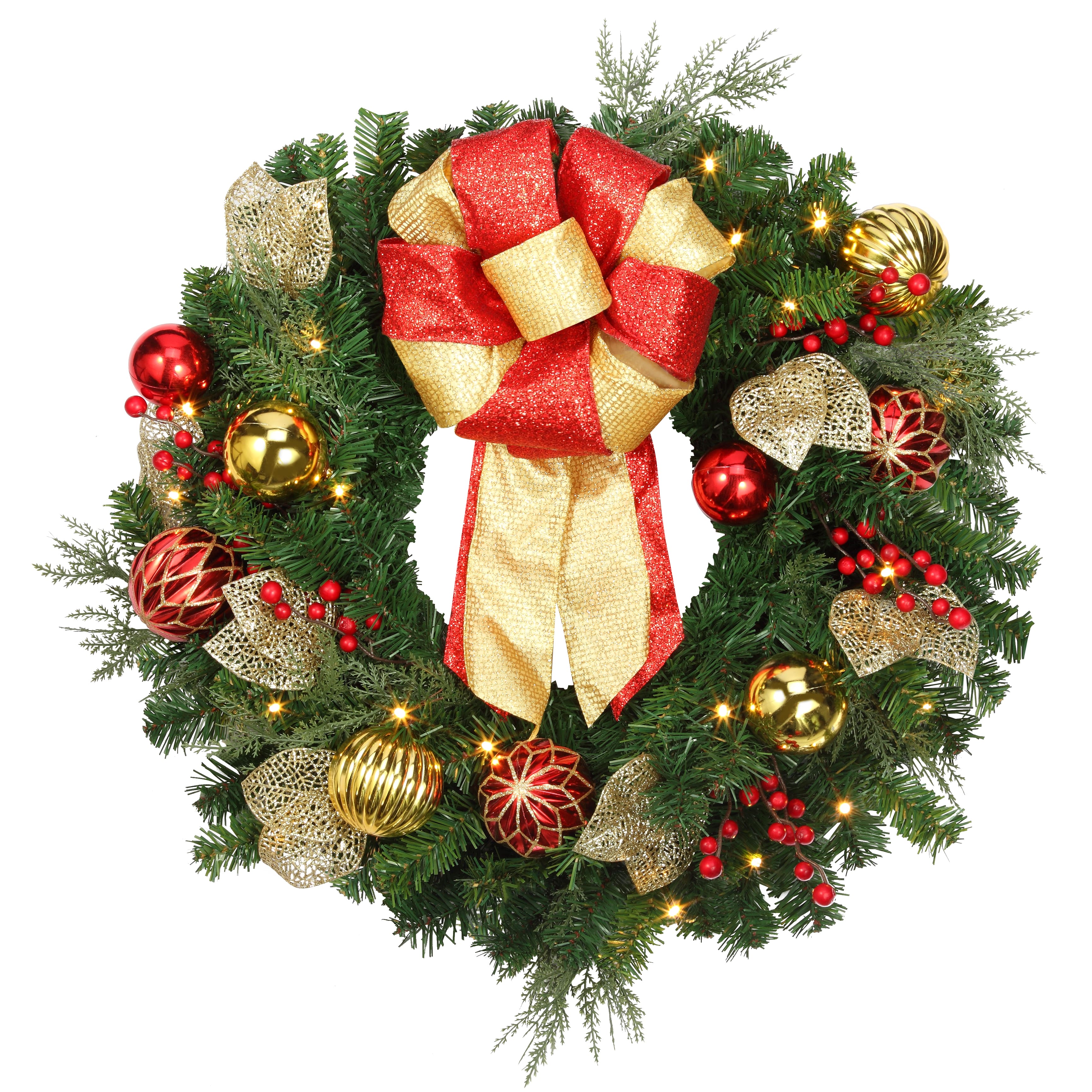24" Pre-Lit Madison Gold Leaves & Ornaments Wreath