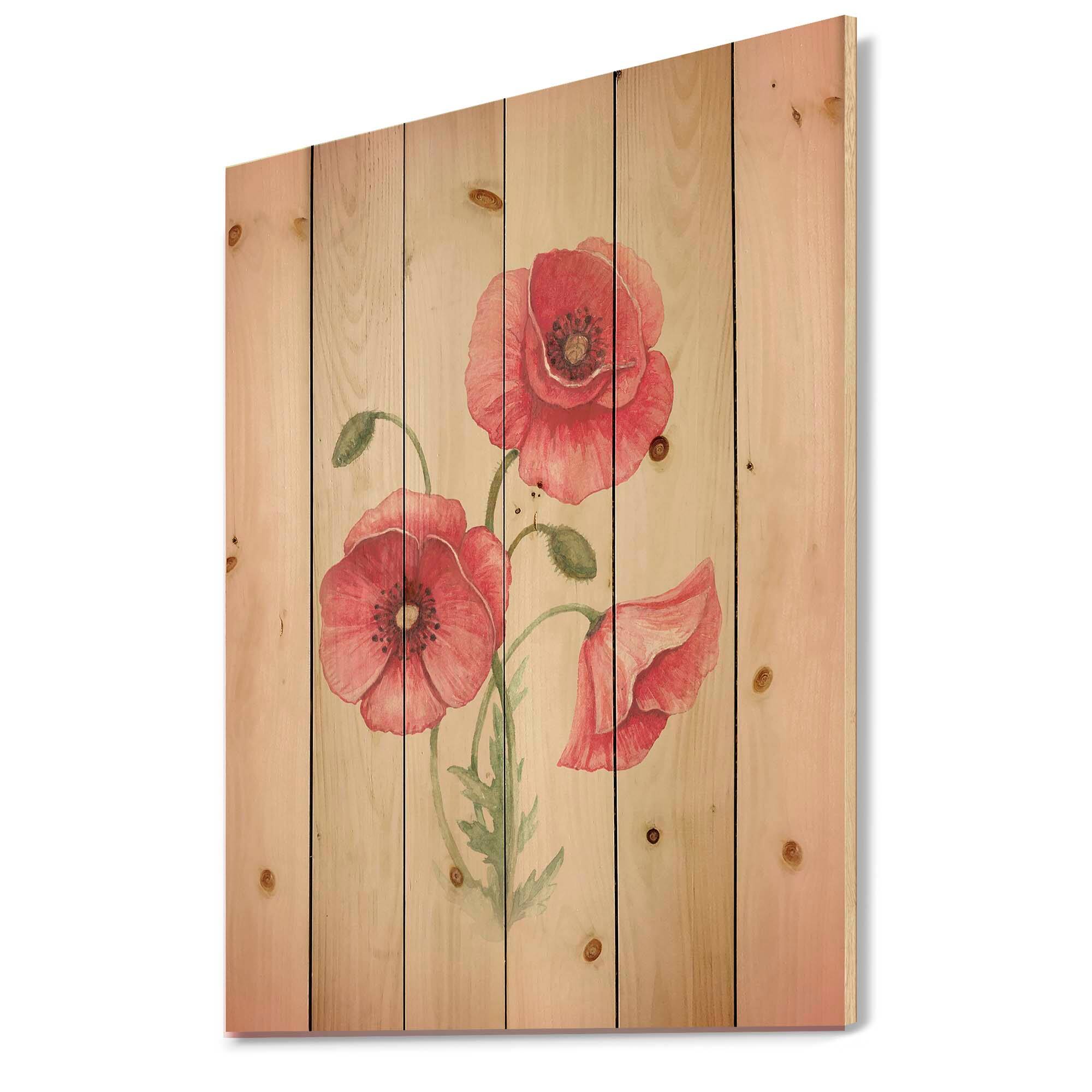 Designart - Retro Poppy Flowers - Vintage Print on Natural Pine Wood