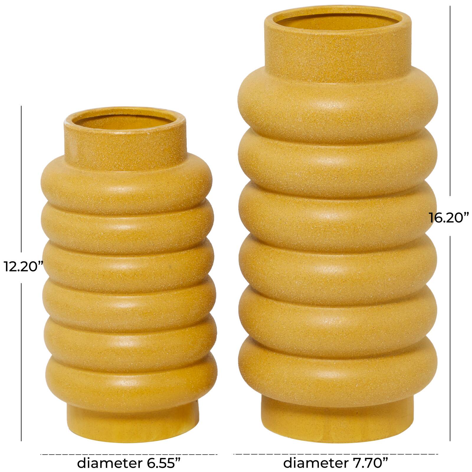 CosmoLiving by Cosmopolitan Yellow Ceramic Vase with Ring Ribbing Set of 2 16", 12"