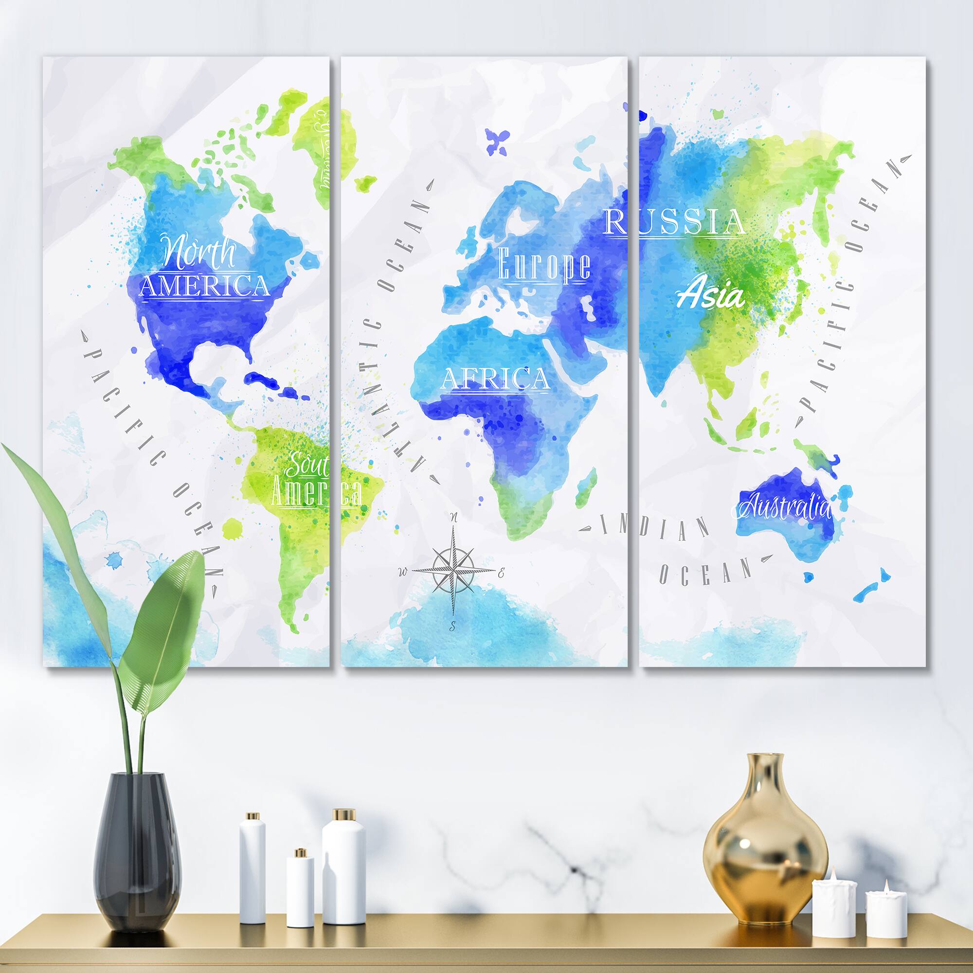 Designart - World Map In Green and Blue