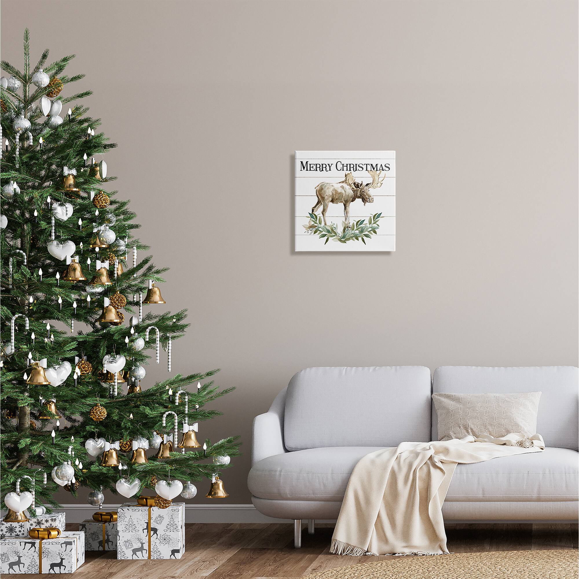 Stupell Industries Merry Christmas Moose Laurel Canvas Wall Art