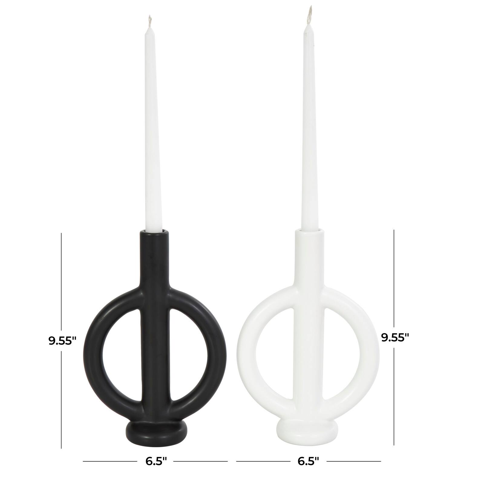 CosmoLiving by Cosmopolitan 10" Black & White Ceramic Geometric Ring Taper Candle Holder Set