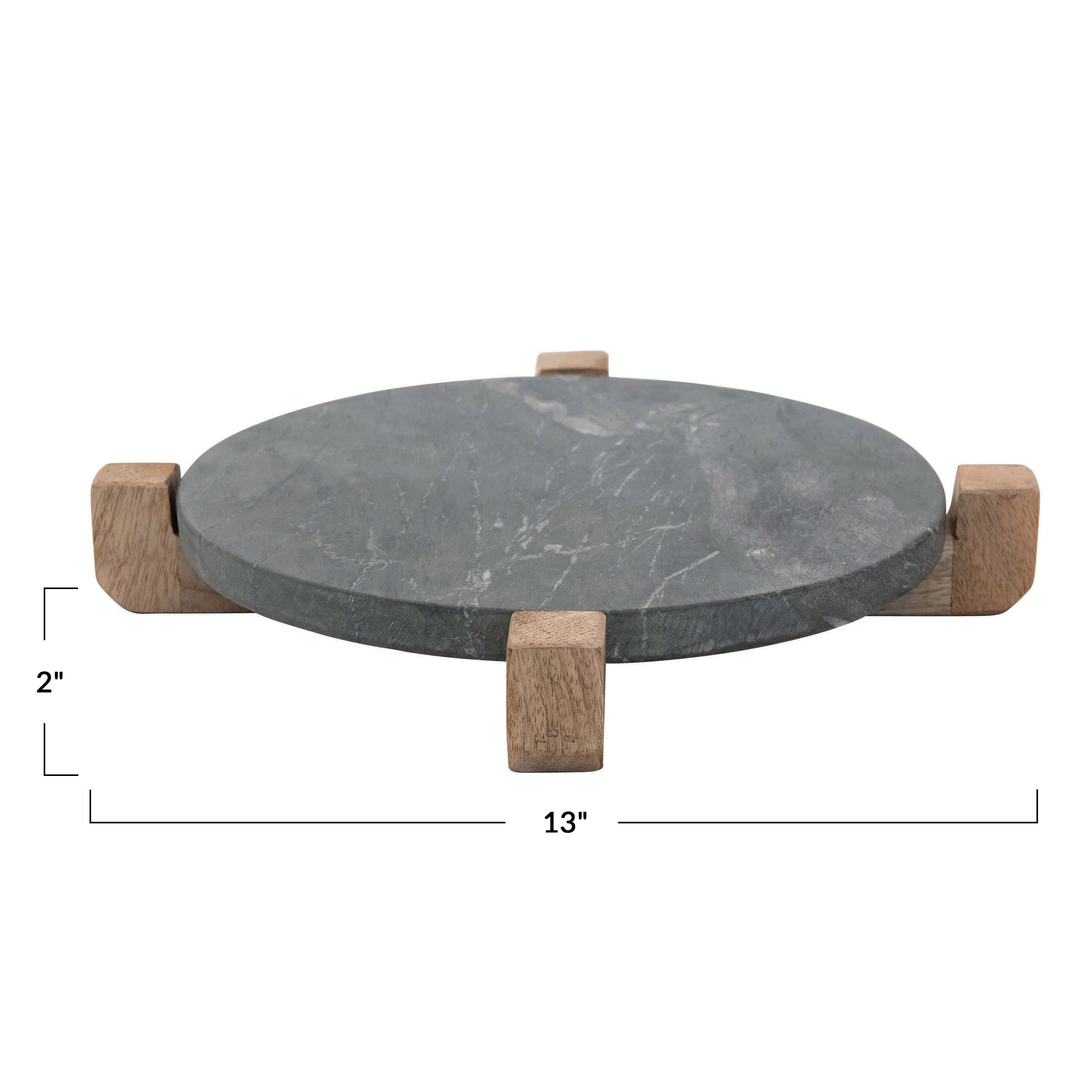 Black &#x26; Natural Marble Serving Board with Mango Wood Stand Set