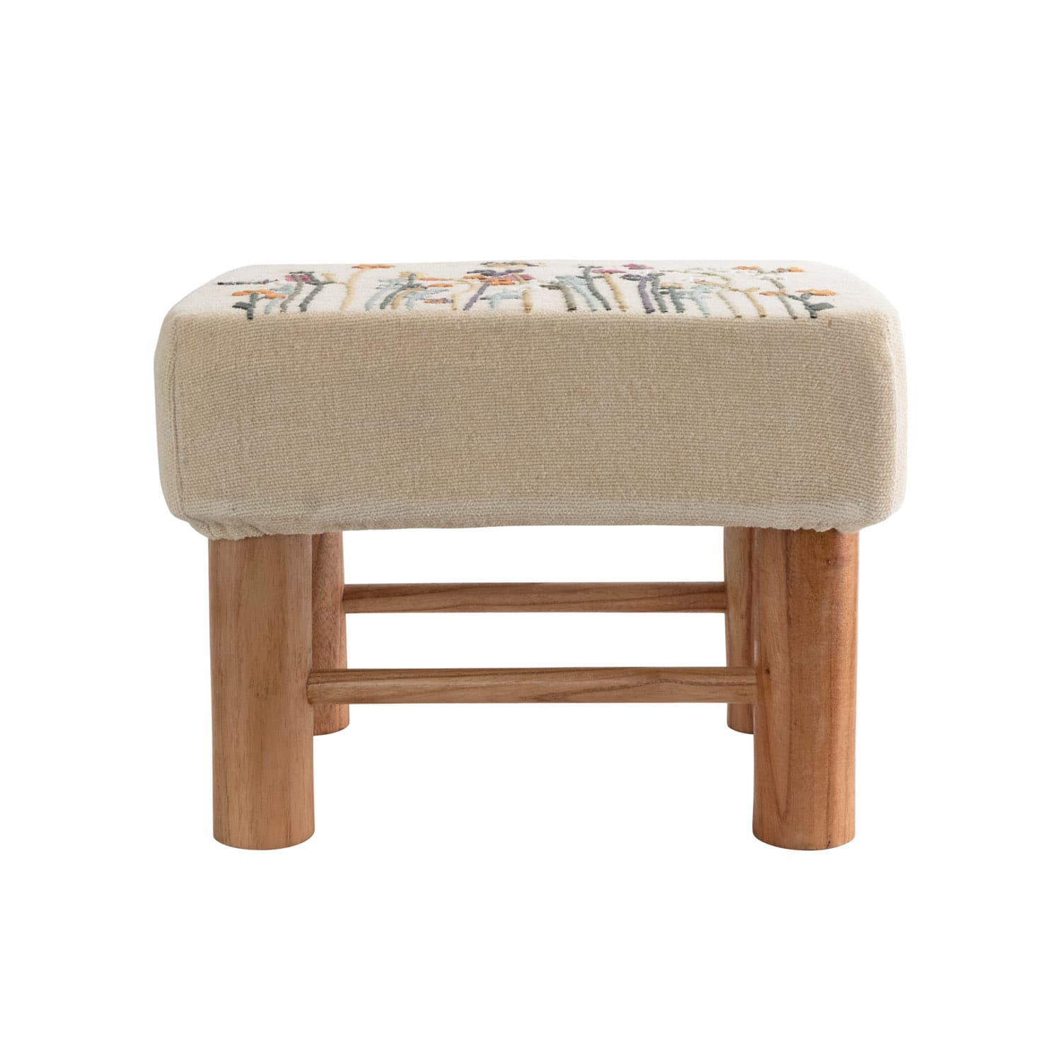 16&#x22; Floral Embroidered Cotton Upholstered Stool