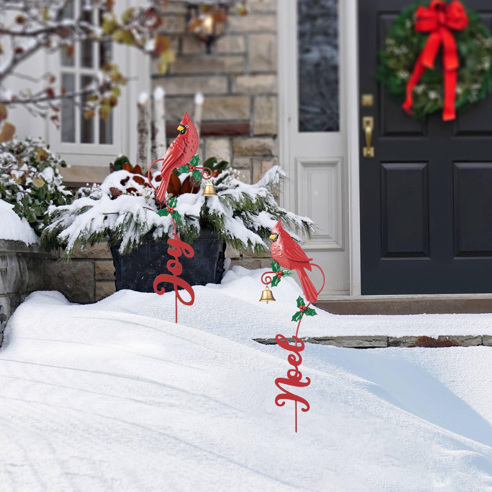 Glitzhome® 3ft. Metal Cardinal Joy & Noel with Bell Yard Stake Set