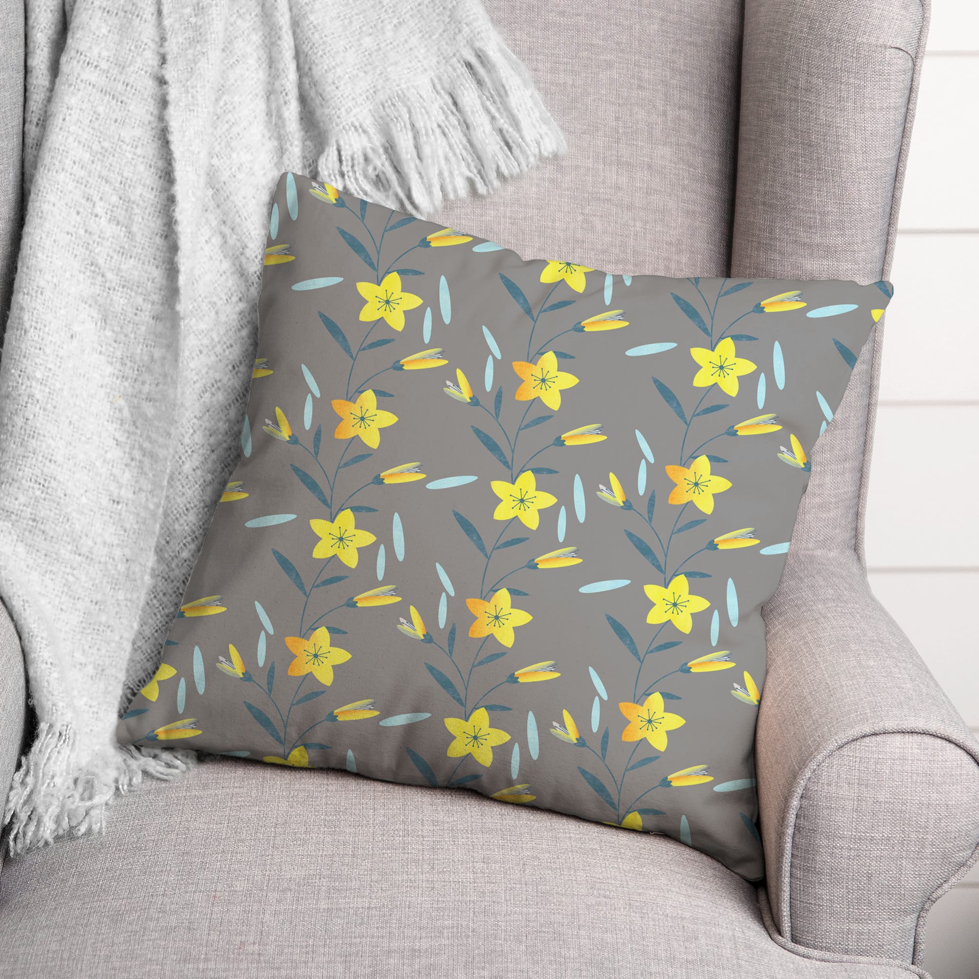 Linear Floral Print Throw Pillow