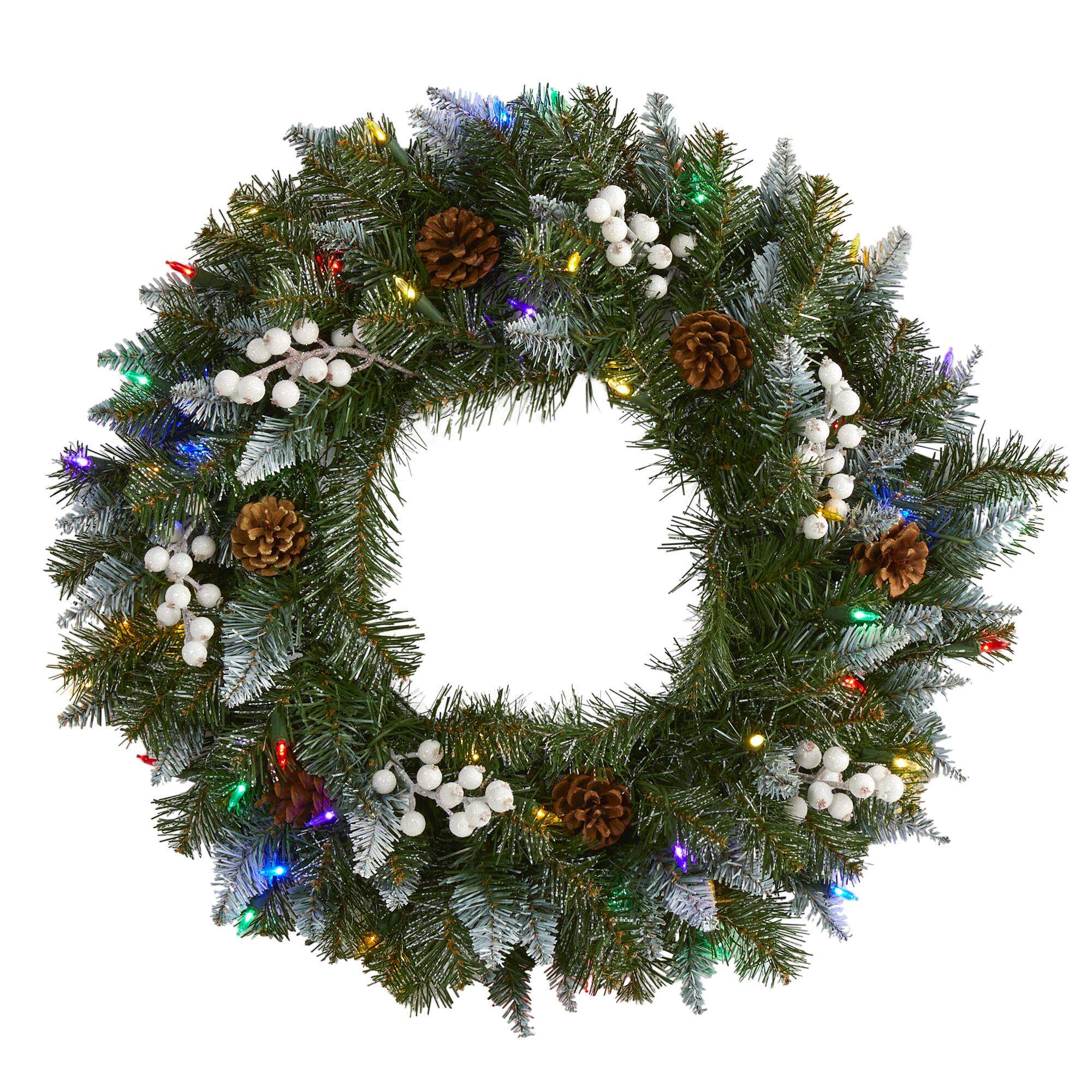 24" LED Snow Tipped Pinecone & White Berry Wreath