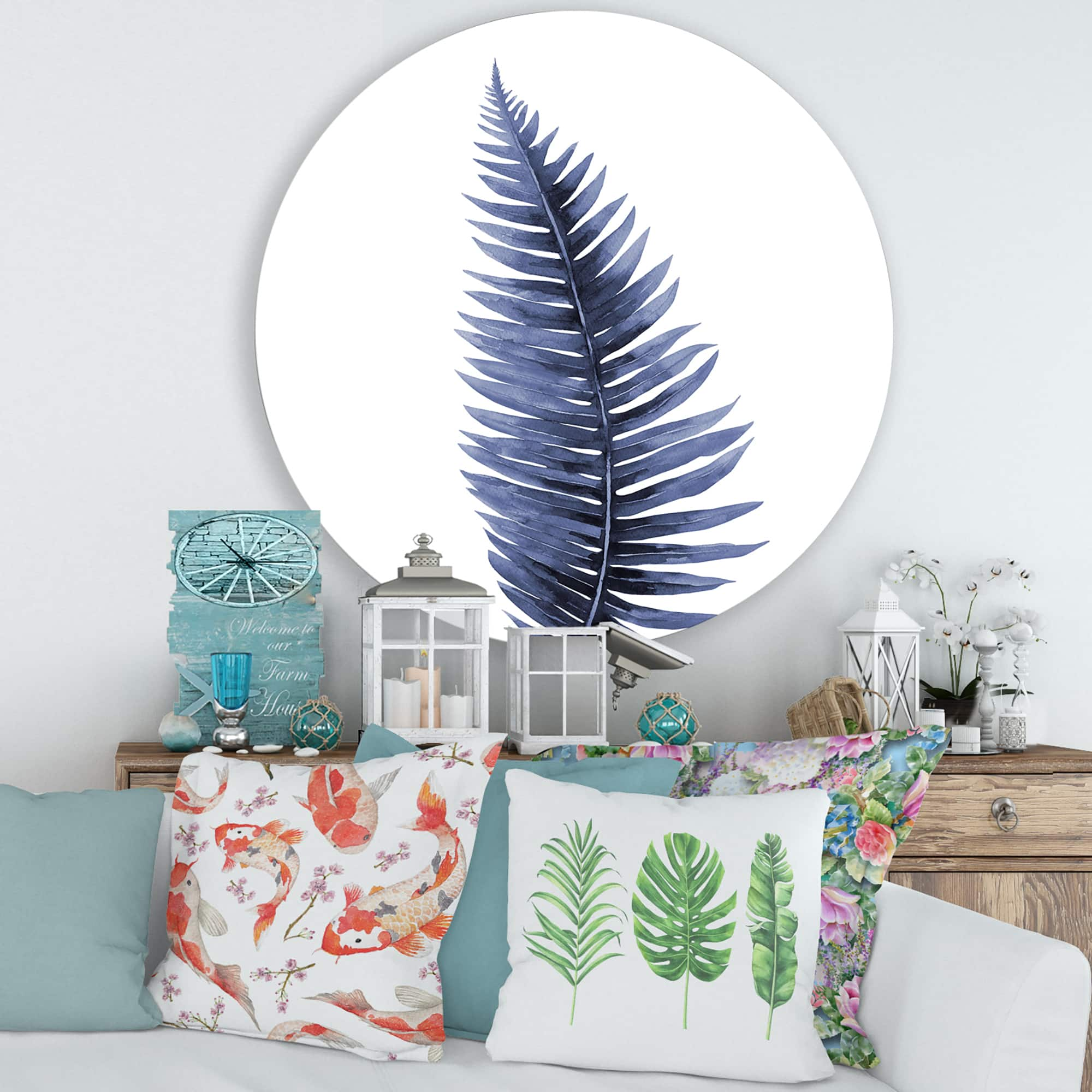 Designart - Tropical Blue Watercolour Leaves II - Bohemian &#x26; Eclectic Metal Circle Wall Art