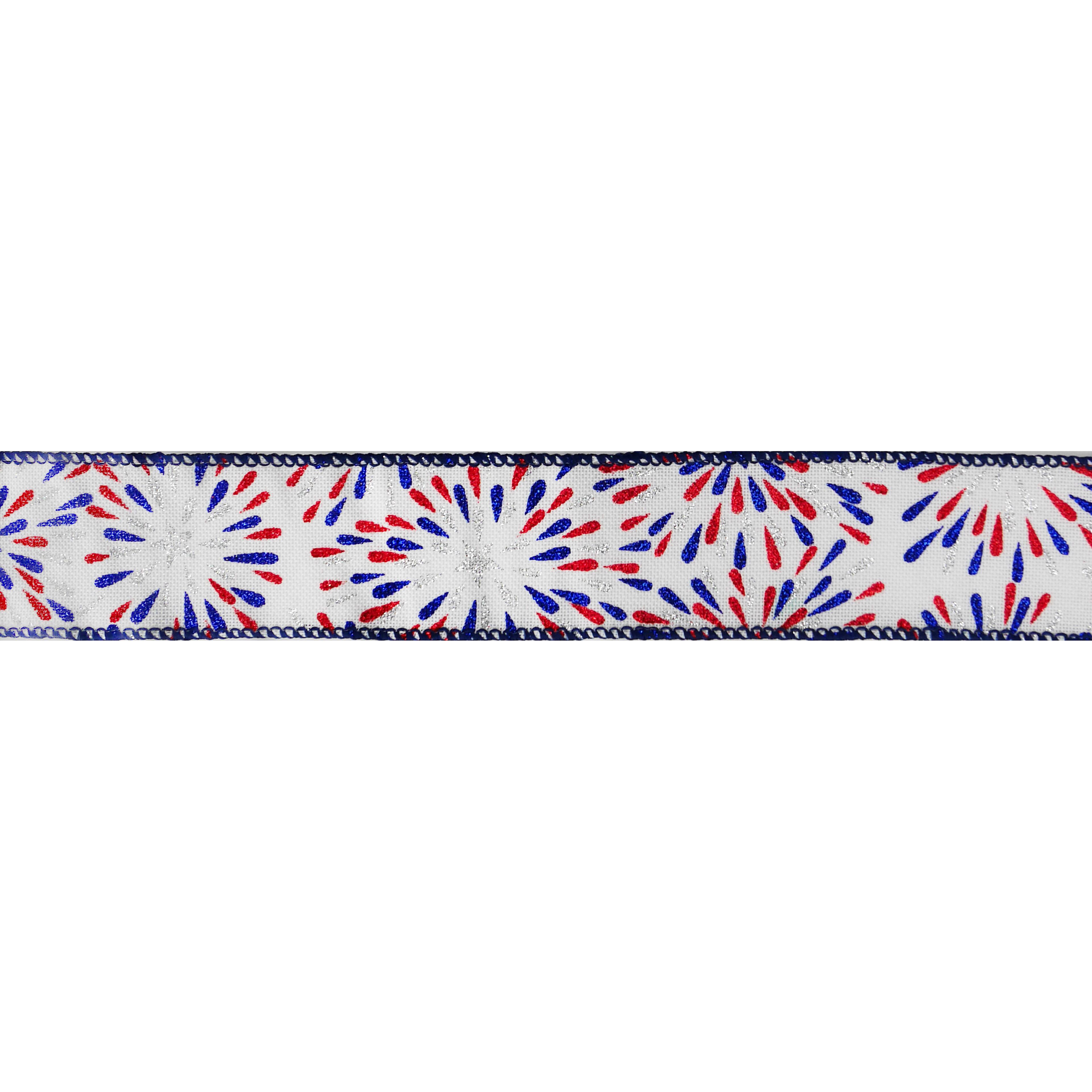 1.5&#x22; x 30ft. Fireworks Wired Faux Linen Ribbon by Celebrate It&#xAE; Red, White &#x26; Blue