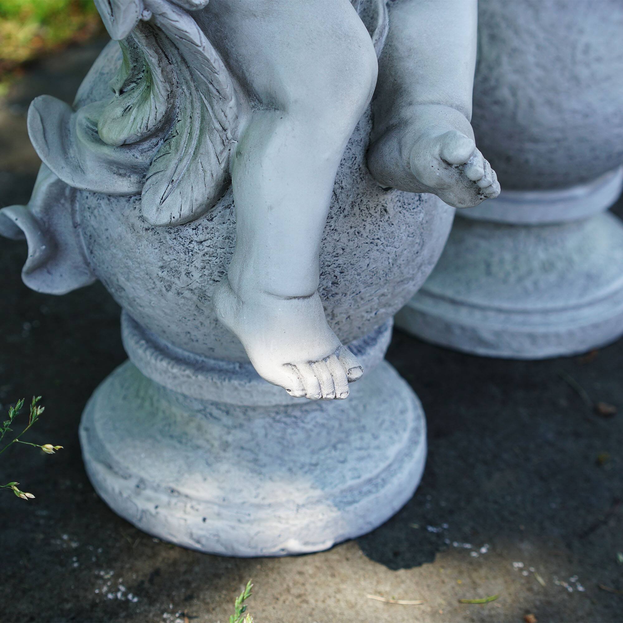 14.75" Gray Cherub Angels with Violin & Harp Sitting on Finials Outdoor Garden Statues