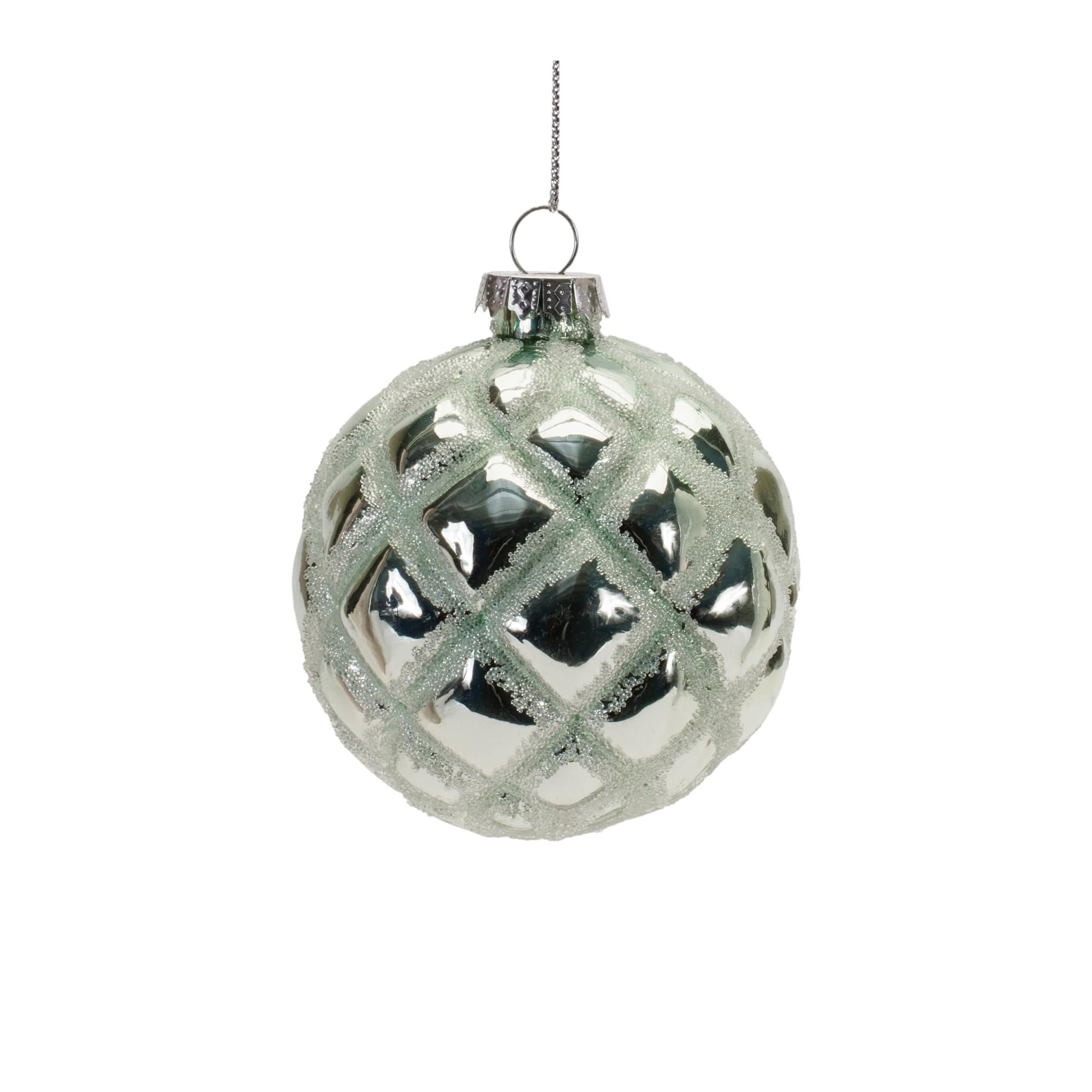 Green Beaded Harlequin Glass Ball Ornaments Set