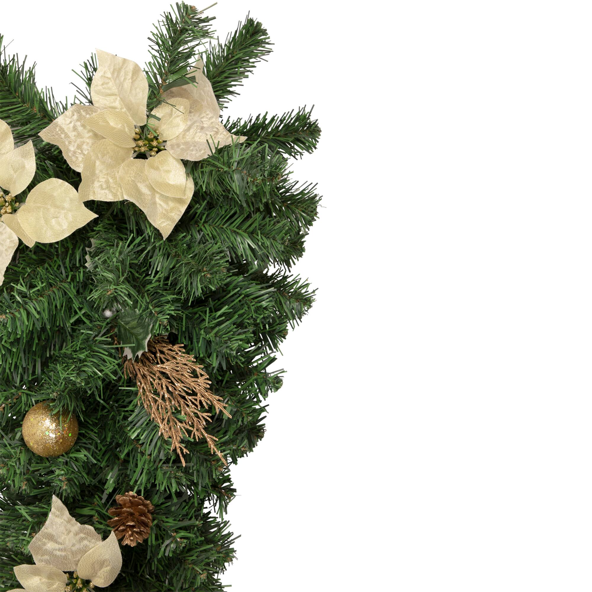 32" Unlit Gold Poinsettia, Pine Cone & Ball Teardrop Swag