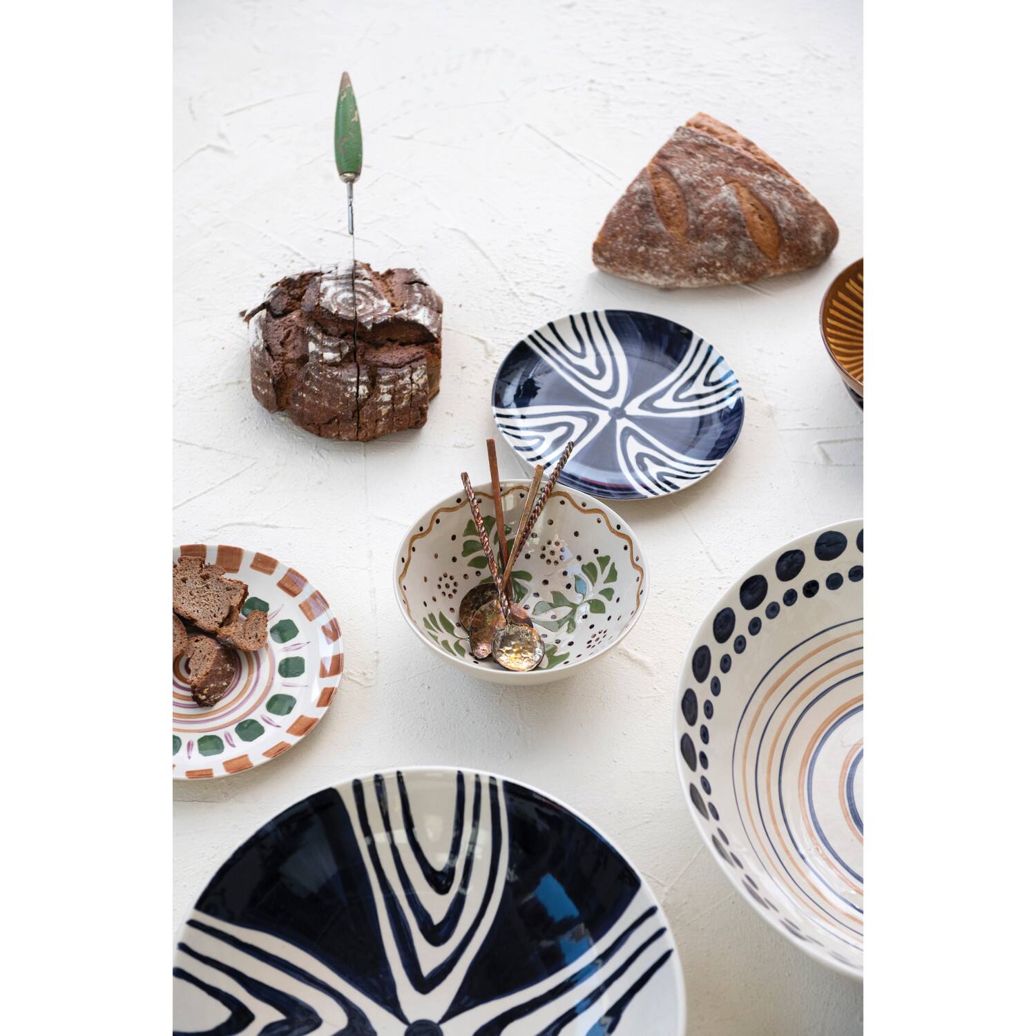 Hello Honey® 12.5" Blue & Cream Hand-Painted Design Stoneware Serving Bowl