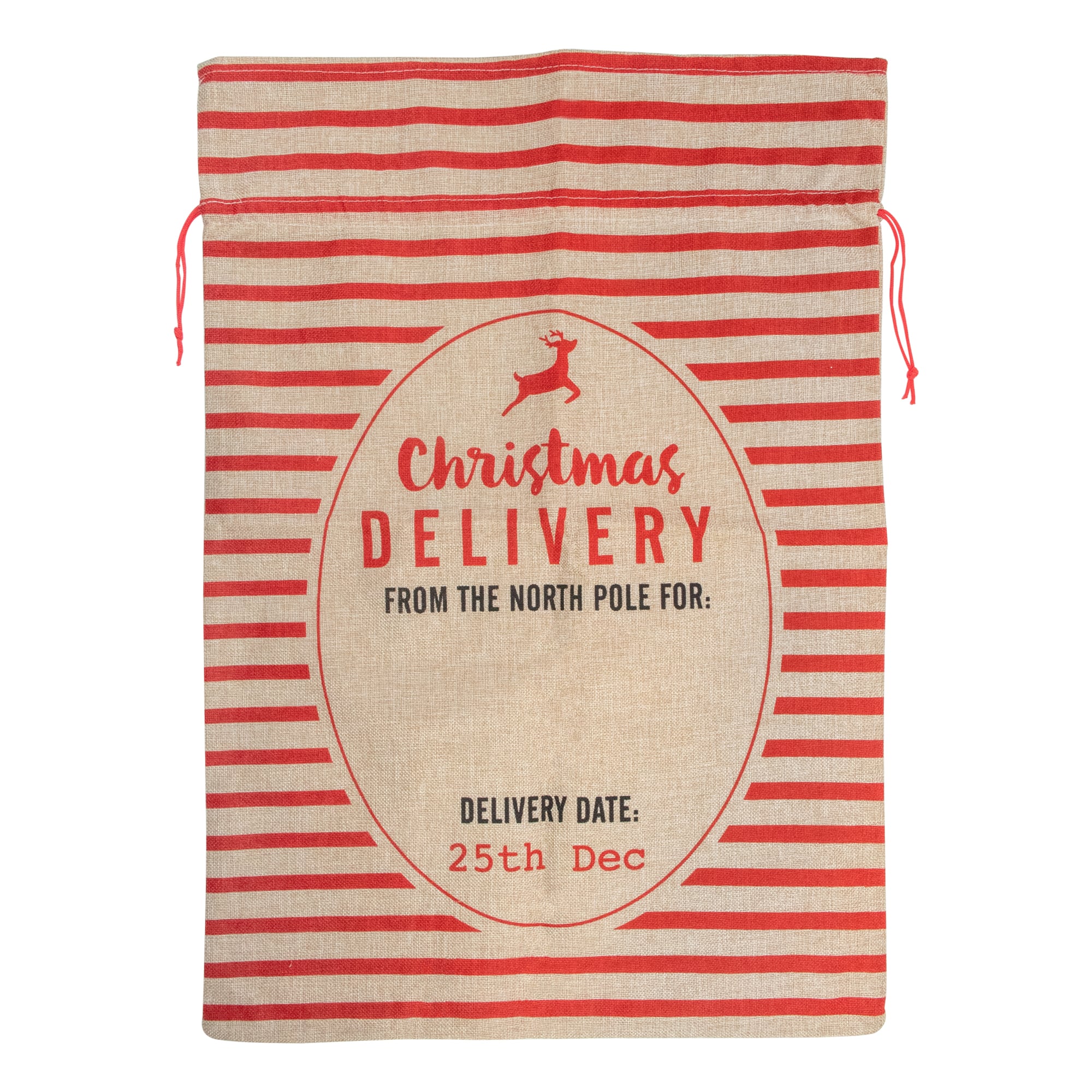 27&#x22; Beige &#x26; Red Striped Christmas Delivery Tie Gift Bag