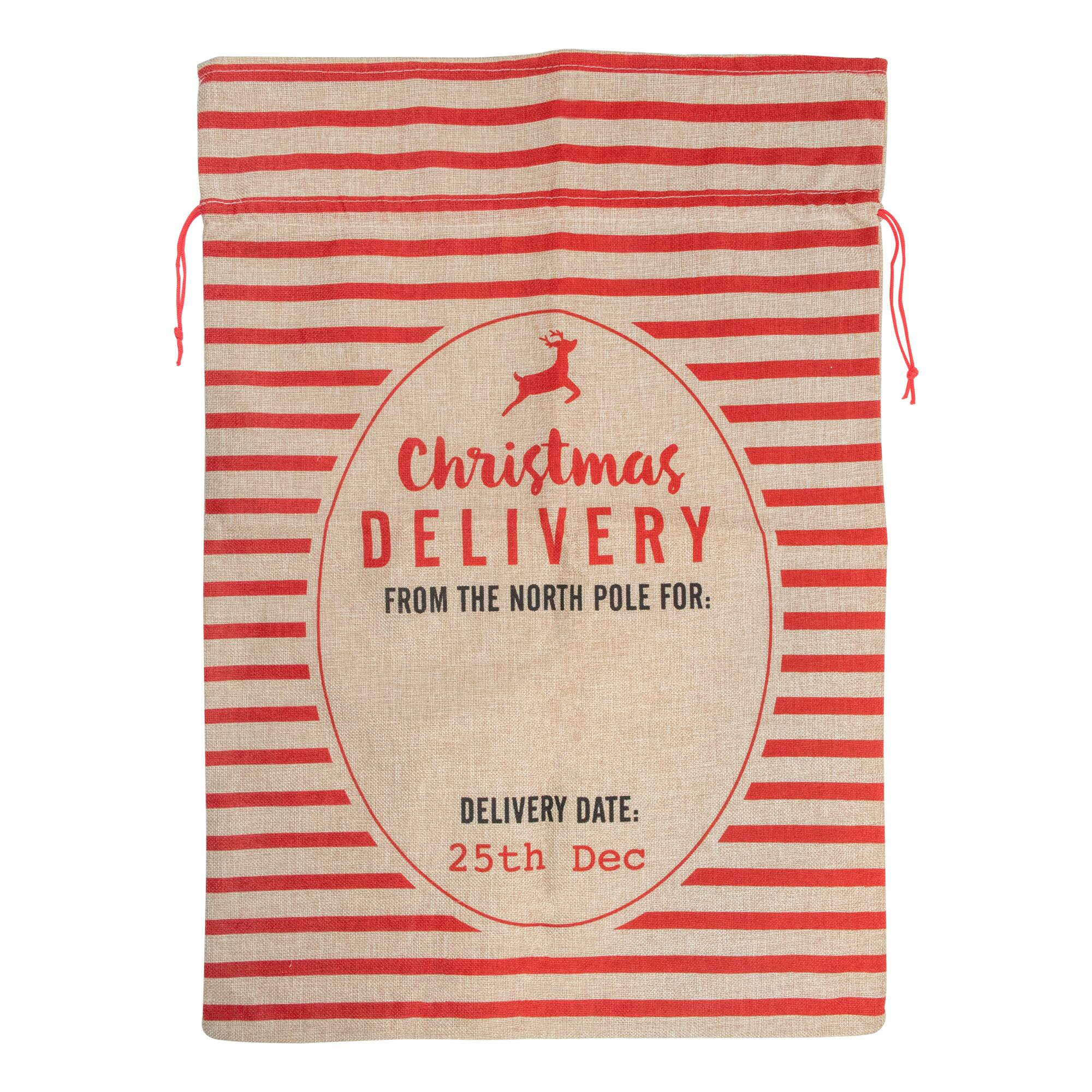 27" Beige & Red Striped Christmas Delivery Tie Gift Bag