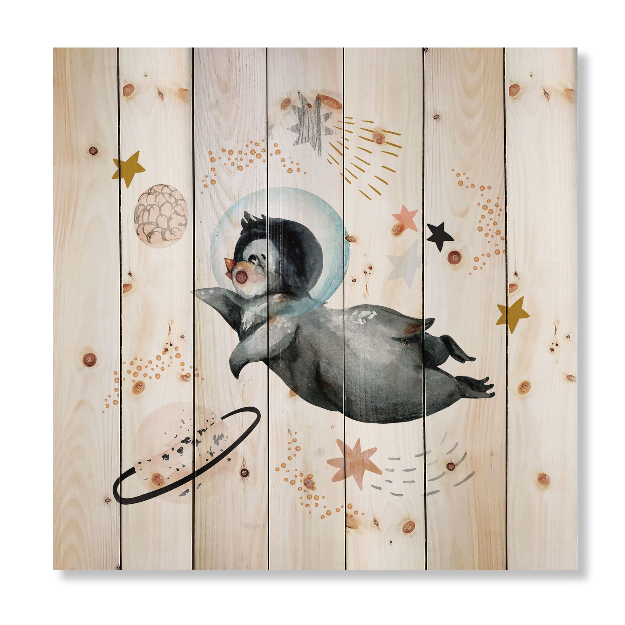 Designart - Little Penguin Flying Stars and Planets II - Farmhouse Print on Natural Pine Wood