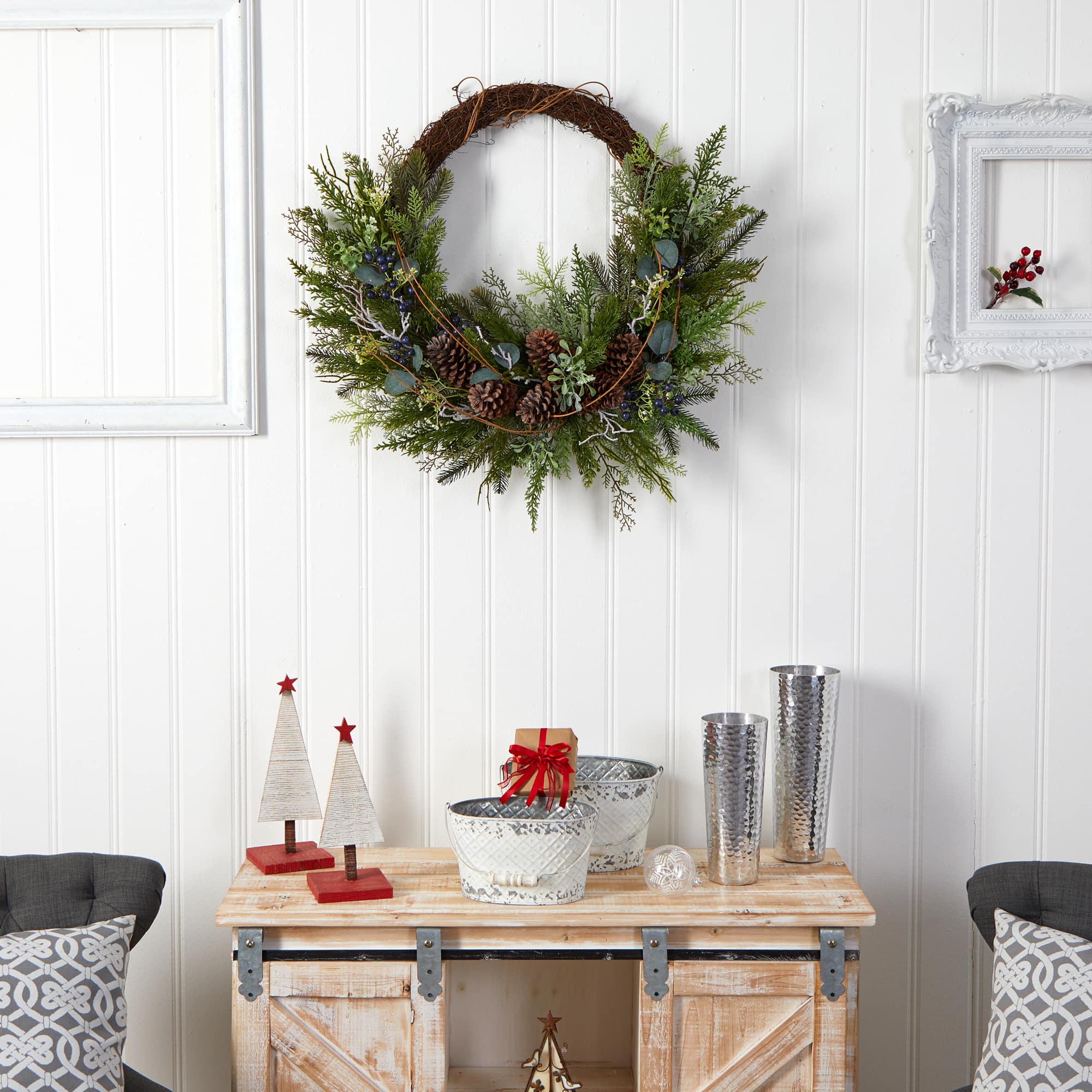 30" Pine & Pinecone Christmas Wreath on Twig Ring