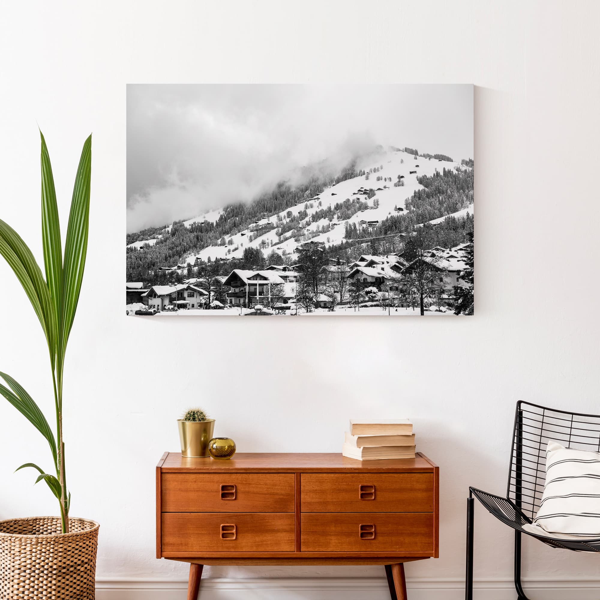 Grayscale Mountain Homes 36x24 Canvas Wall Art