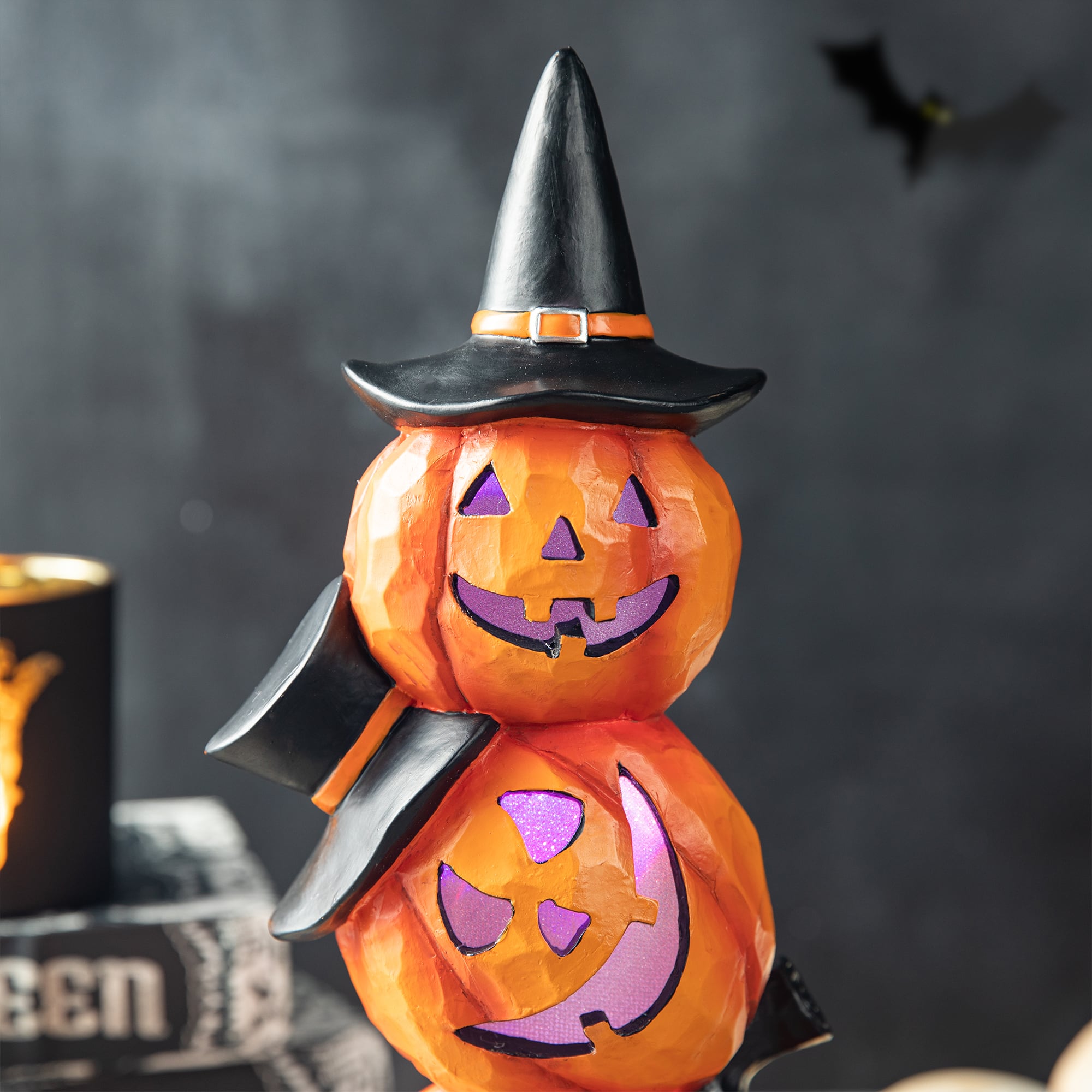 Glitzhome&#xAE; 14&#x22; Lighted Halloween Stacked Resin Pumpkin Table D&#xE9;cor